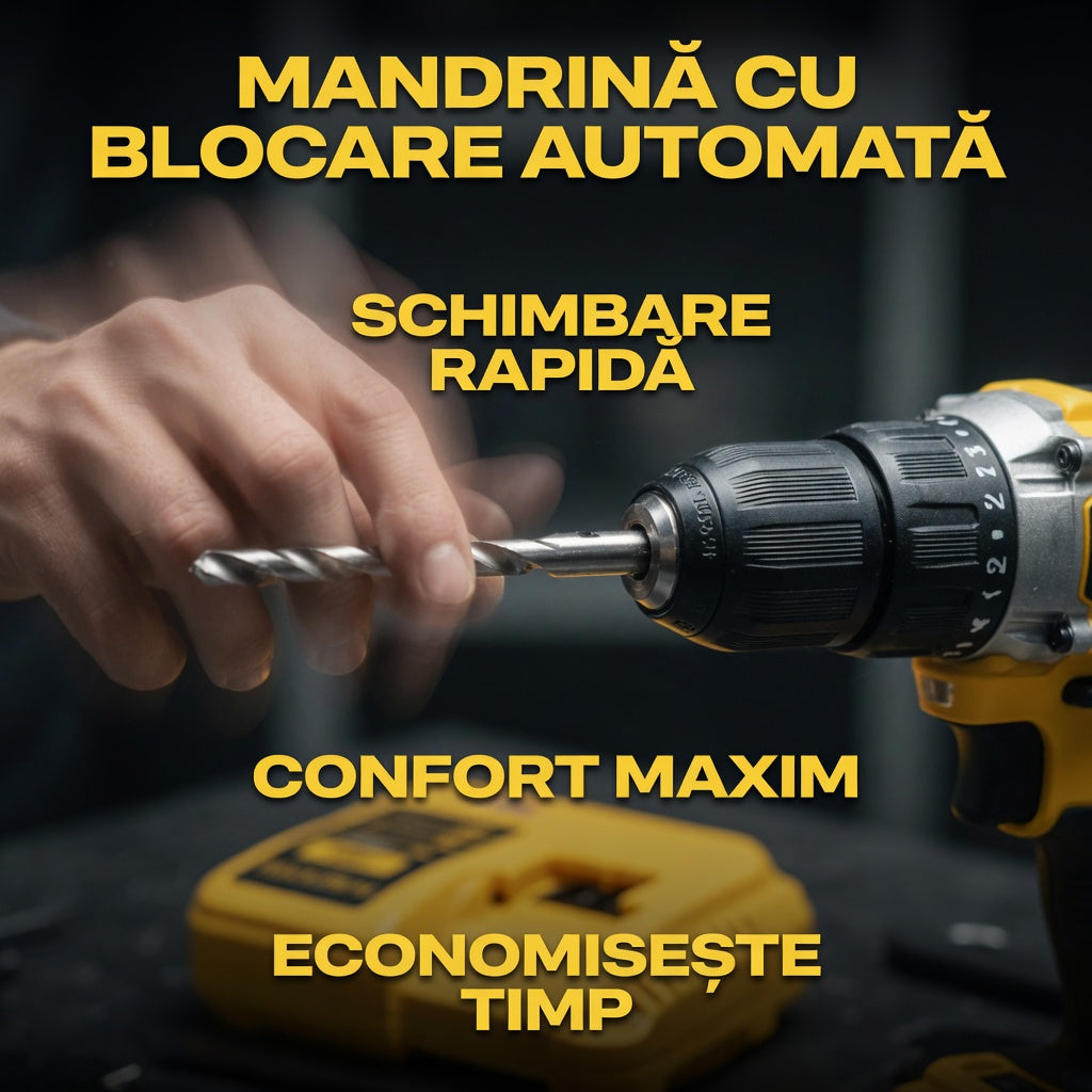 Masina de gaurit autofiletanta cu percutie, 24V, 2 acumulatori, set 26 piese, galben/negru