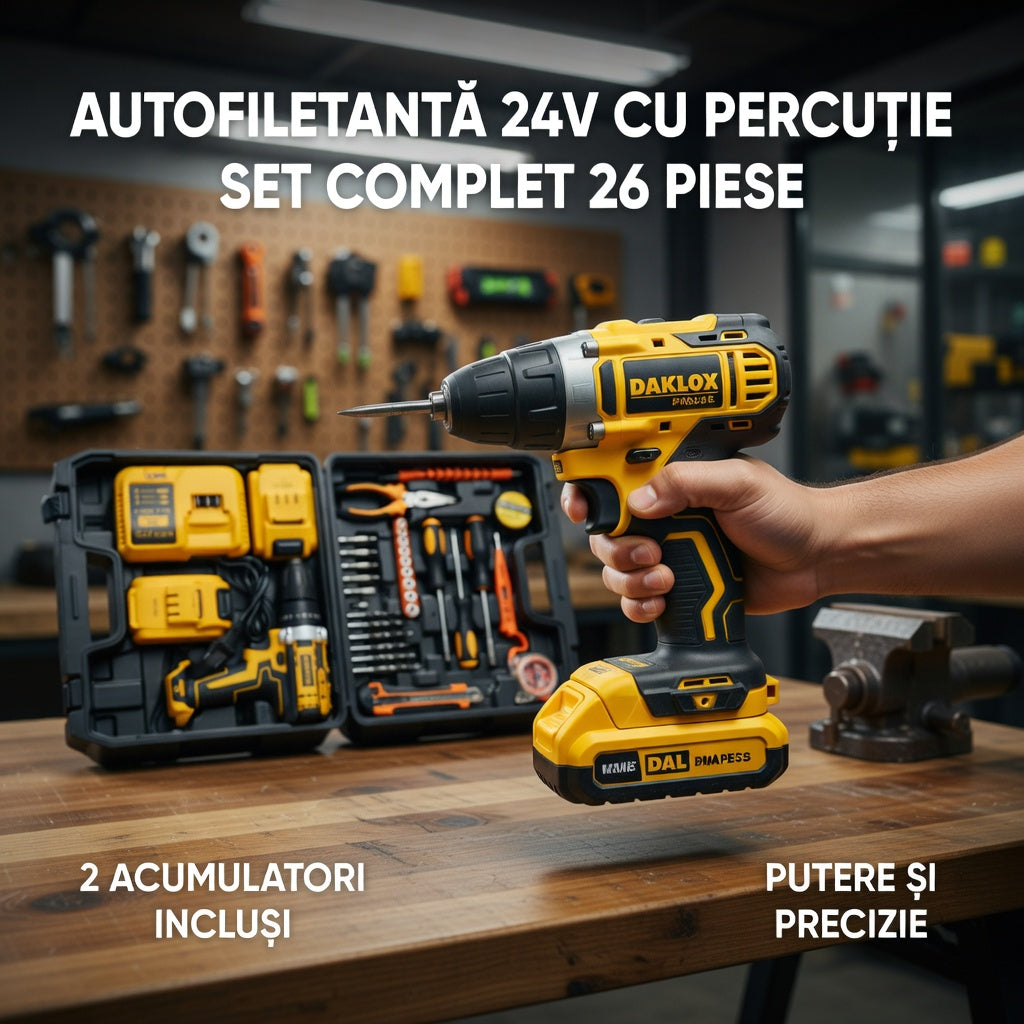 Masina de gaurit autofiletanta cu percutie, 24V, 2 acumulatori, set 26 piese, galben/negru