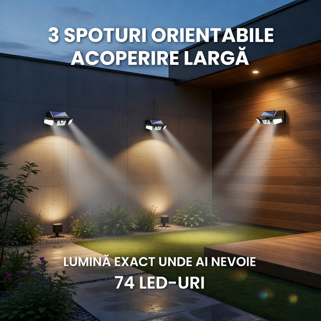 Lampă LED solară exterioară cu 3 spoturi reglabile – 74 LED