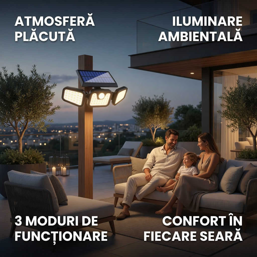 Lampă LED solară exterioară cu 3 spoturi reglabile – 74 LED