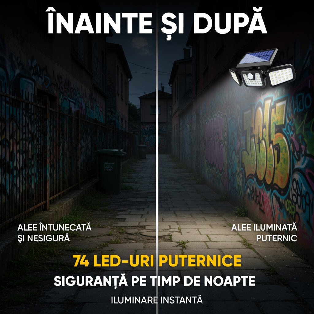 Lampă LED solară exterioară cu 3 spoturi reglabile – 74 LED