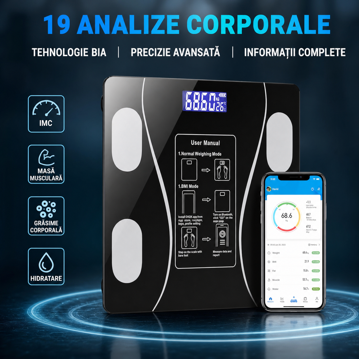 Cantar inteligent de diagnostic corporal, conexiune bluetooth la app pentru fitness, detectarea temperaturii, sticla securizata, neagra
