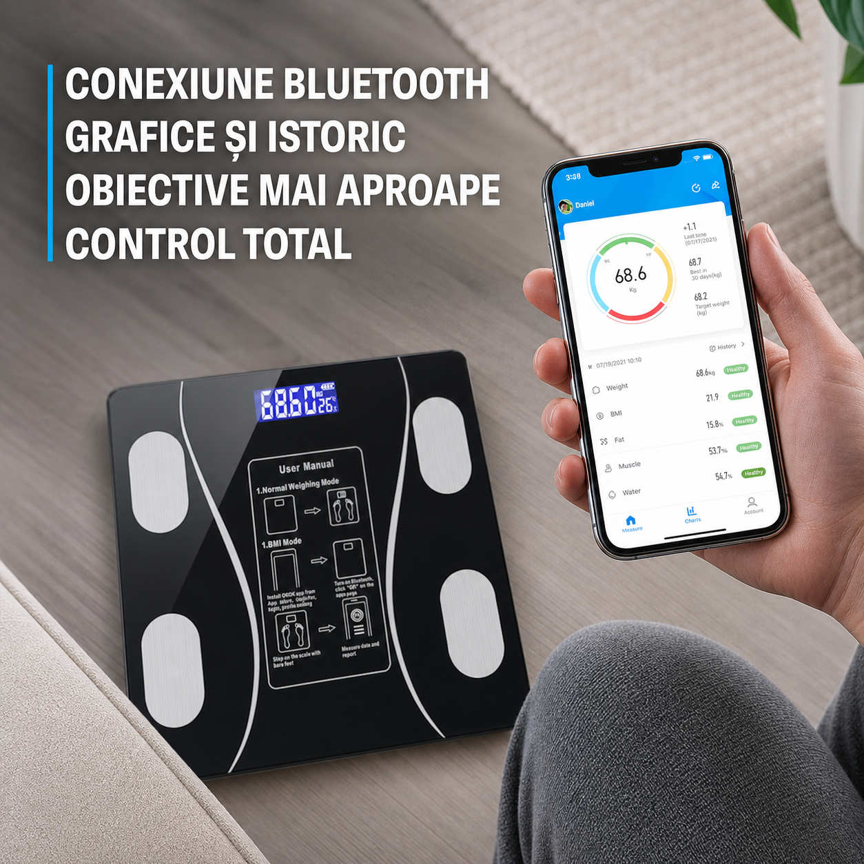 Cantar inteligent de diagnostic corporal, conexiune bluetooth la app pentru fitness, detectarea temperaturii, sticla securizata, neagra