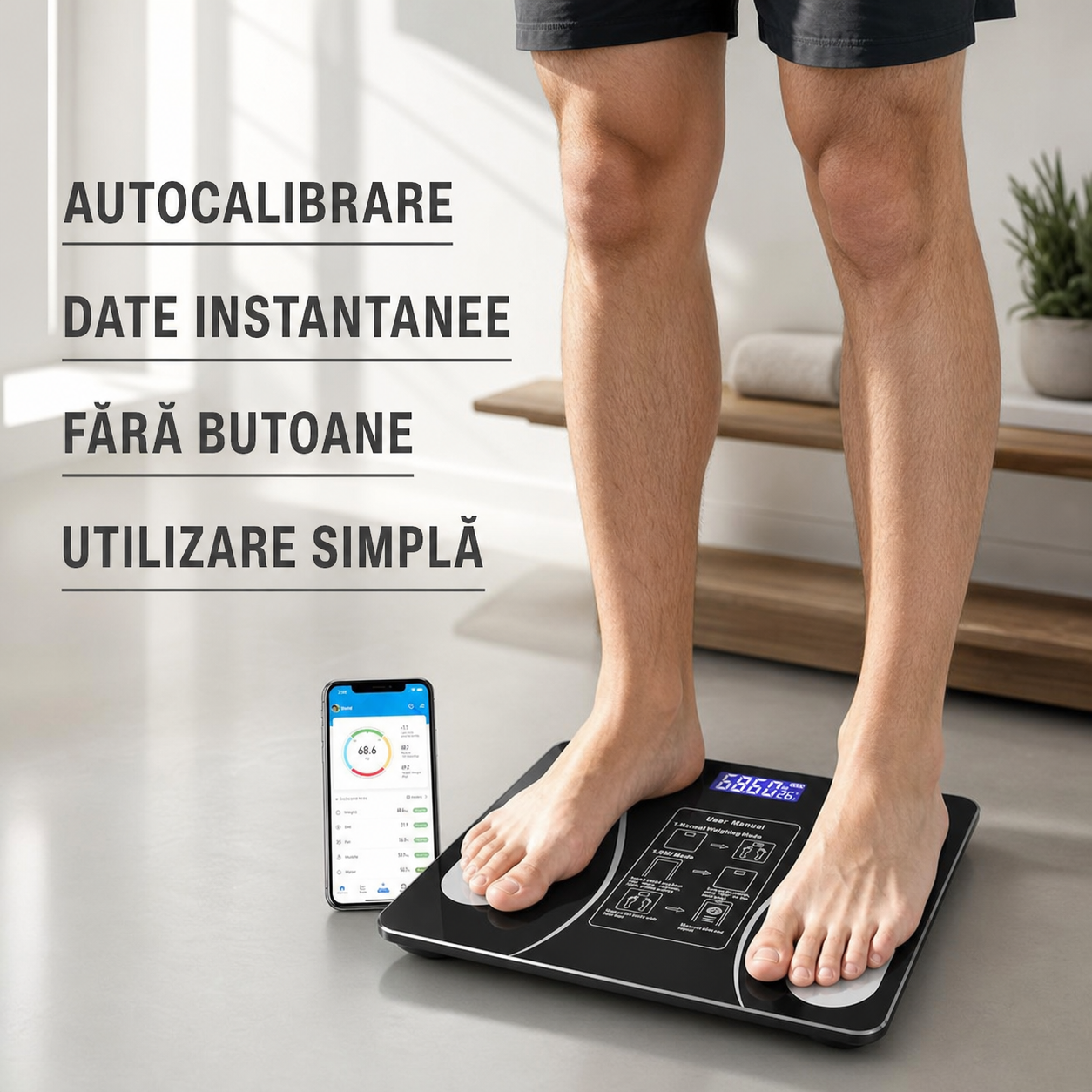 Cantar inteligent de diagnostic corporal, conexiune bluetooth la app pentru fitness, detectarea temperaturii, sticla securizata, neagra