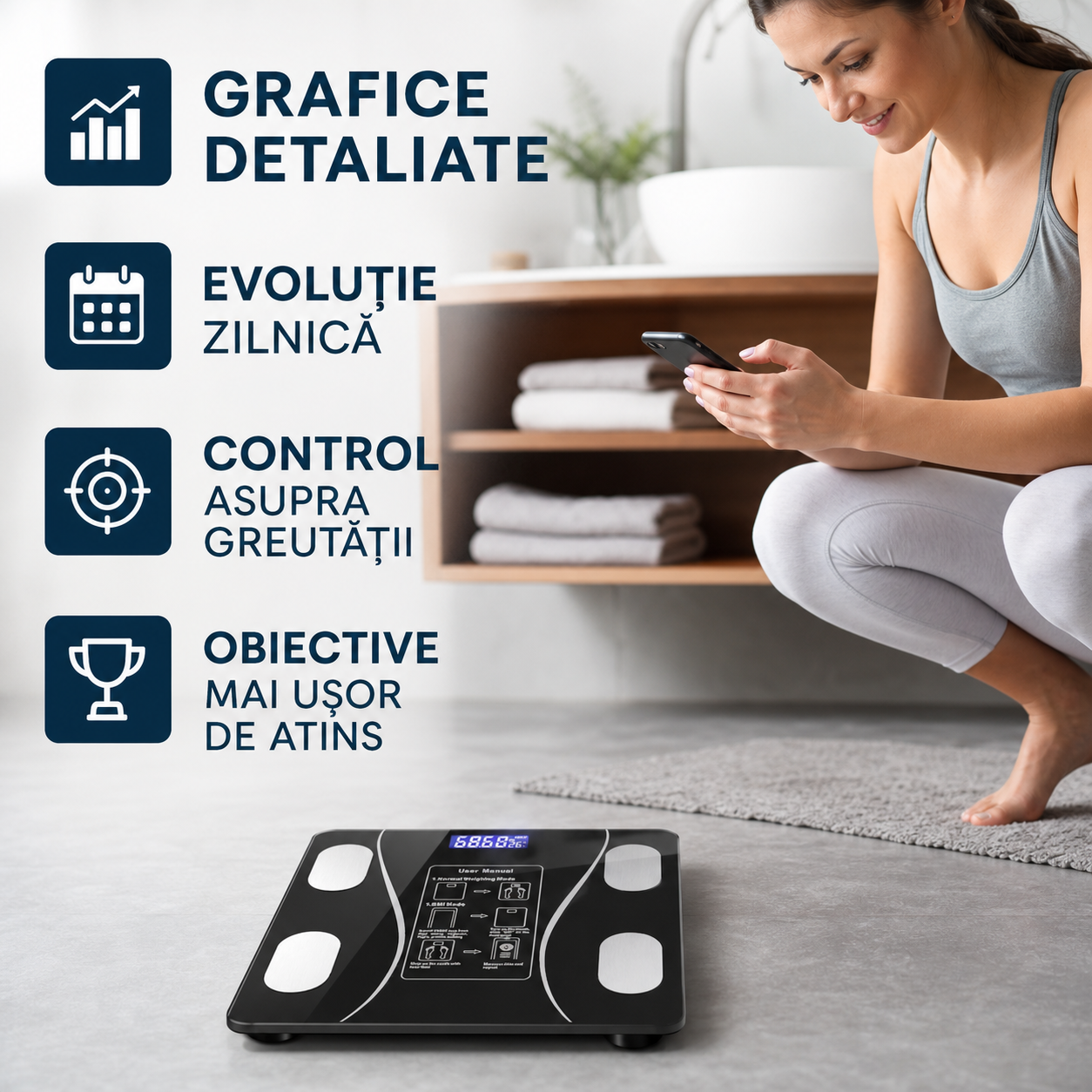 Cantar inteligent de diagnostic corporal, conexiune bluetooth la app pentru fitness, detectarea temperaturii, sticla securizata, neagra