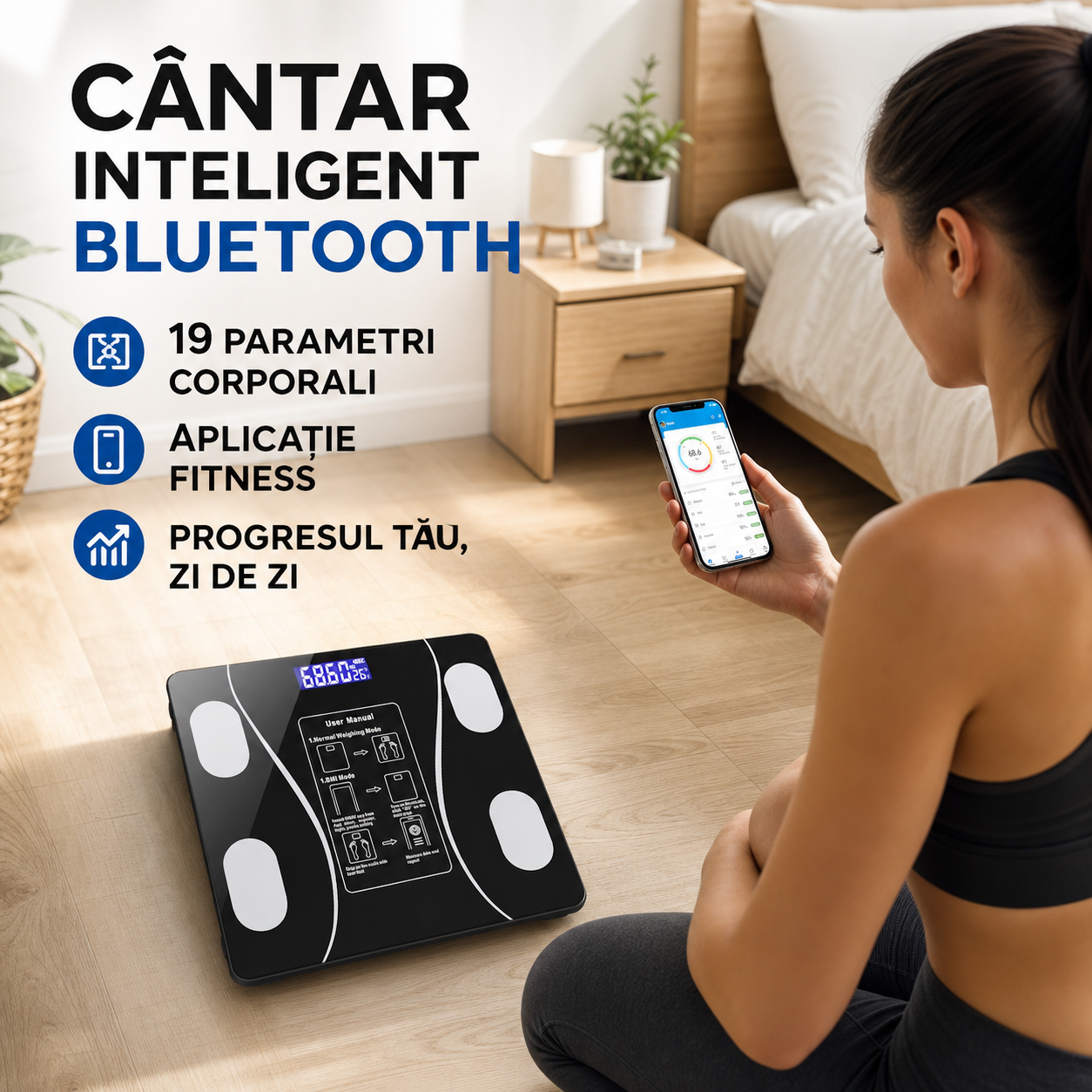 Cantar inteligent de diagnostic corporal, conexiune bluetooth la app pentru fitness, detectarea temperaturii, sticla securizata, neagra