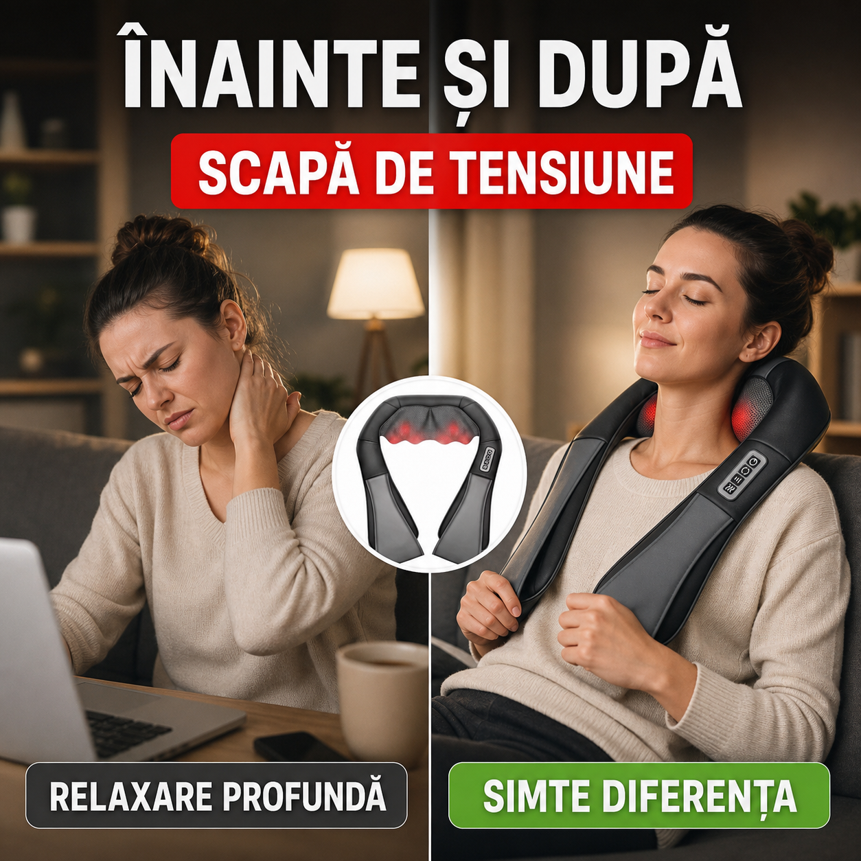 Dispozitiv masaj electric spate-gât-umeri cu încălzire și role bidirecționale
