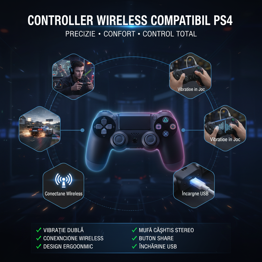Gamepad wireless PS4 cu LED și ergonomie avansată