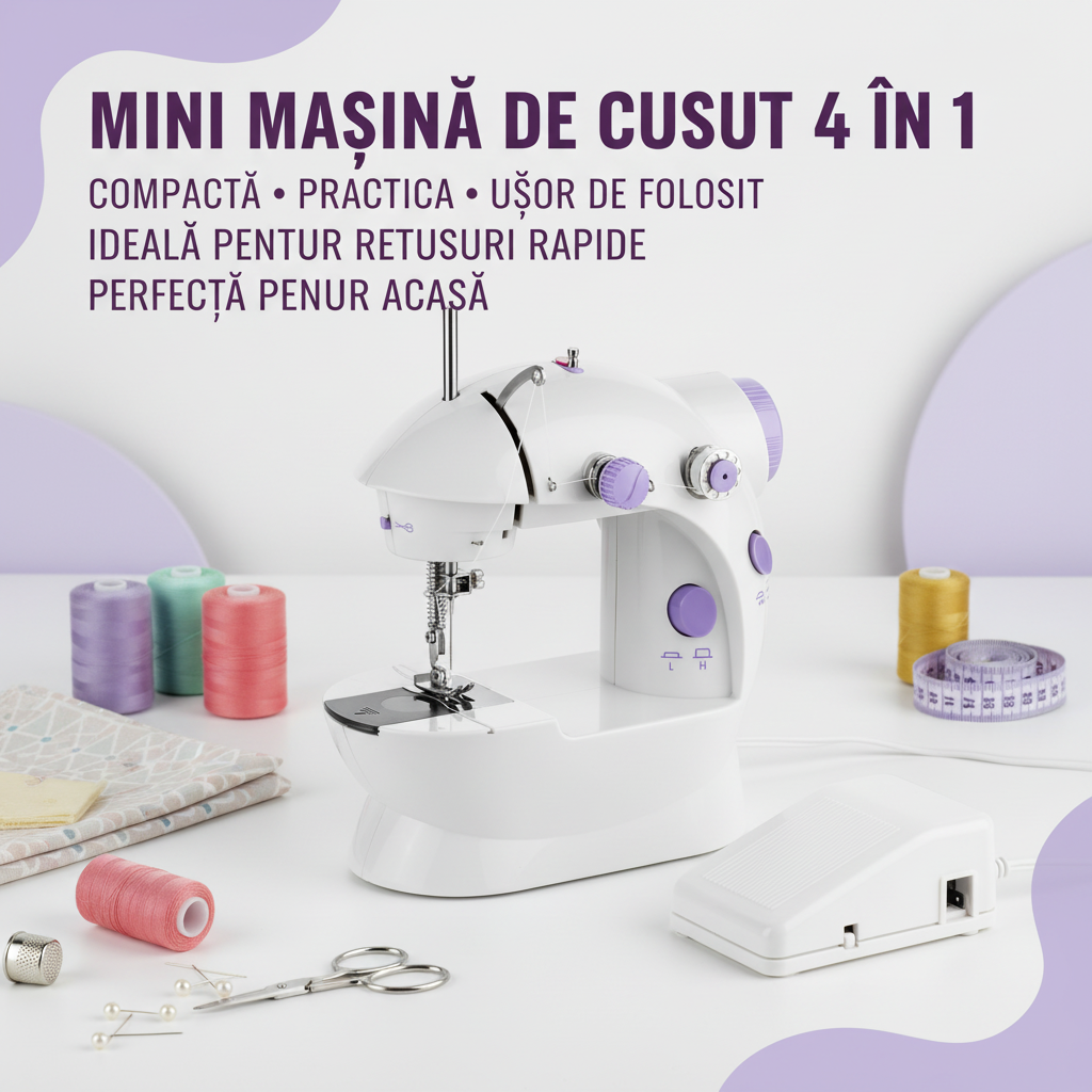 Mini maşină de cusut electrică 4-în-1 – portabilă, alb-mov