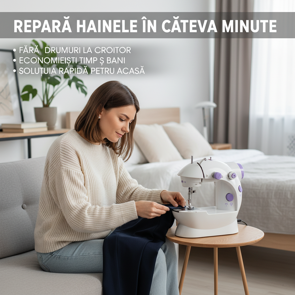 Mini maşină de cusut electrică 4-în-1 – portabilă, alb-mov