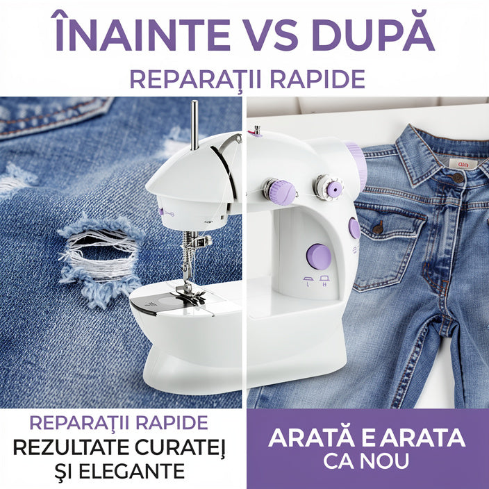 Mini maşină de cusut electrică 4-în-1 – portabilă, alb-mov