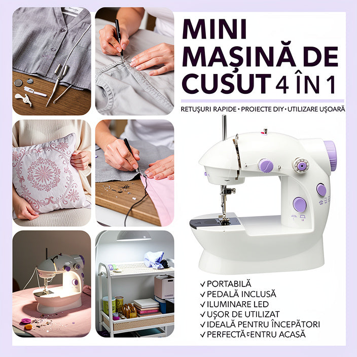 Mini maşină de cusut electrică 4-în-1 – portabilă, alb-mov