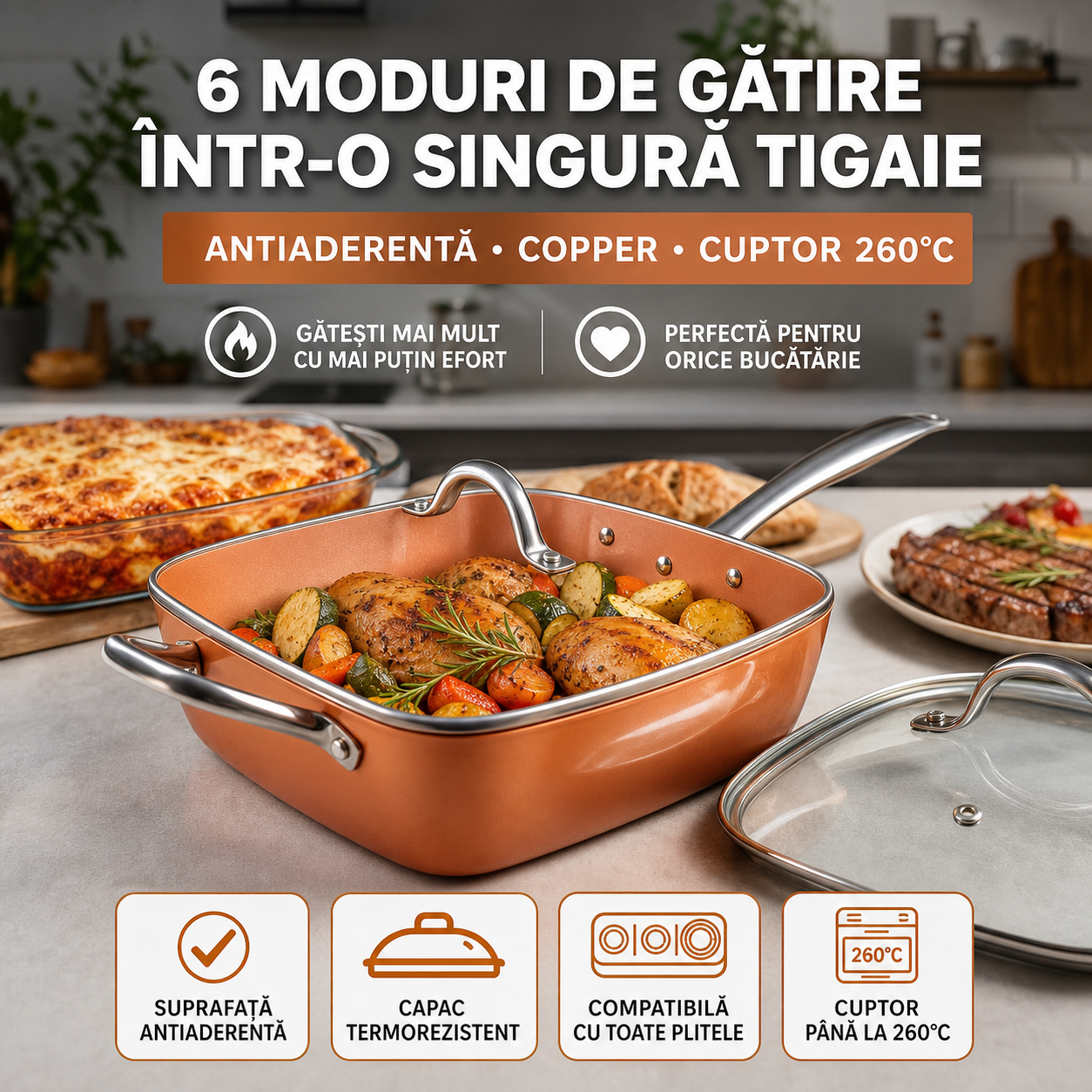 Set tigaie multifunctionala, 5 piese, pentru gatit la abur, cu placa de inductie din otel inoxidabil