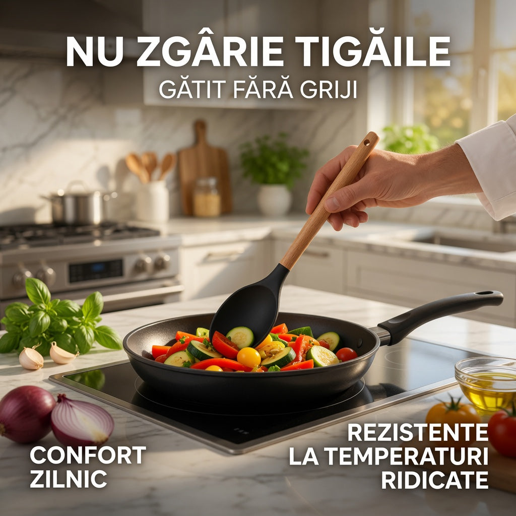 Set 12 ustensile de bucătărie din silicon cu mânere de lemn – negru, rezistente la temperaturi ridicate