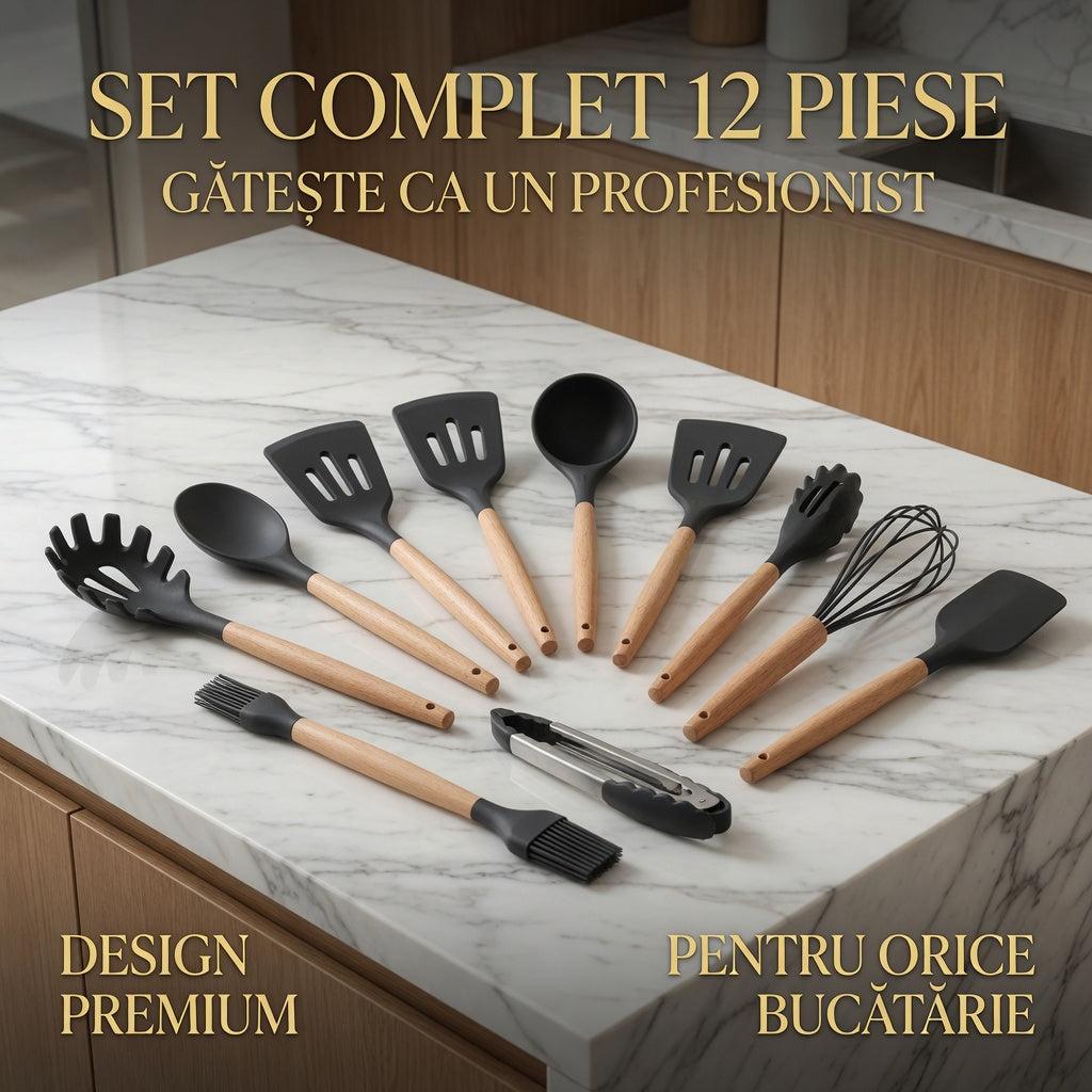 Set 12 ustensile de bucătărie din silicon cu mânere de lemn – negru, rezistente la temperaturi ridicate