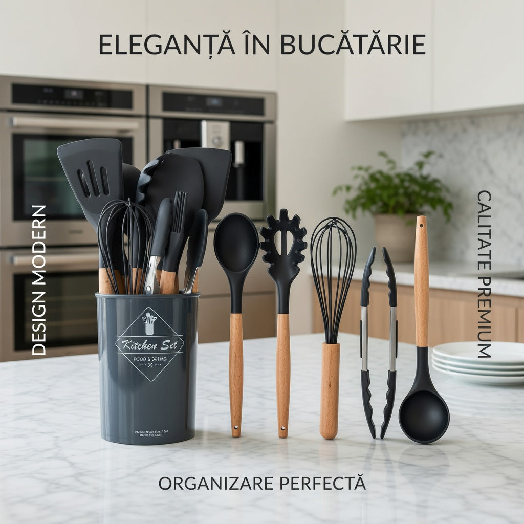 Set 12 ustensile de bucătărie din silicon cu mânere de lemn – negru, rezistente la temperaturi ridicate