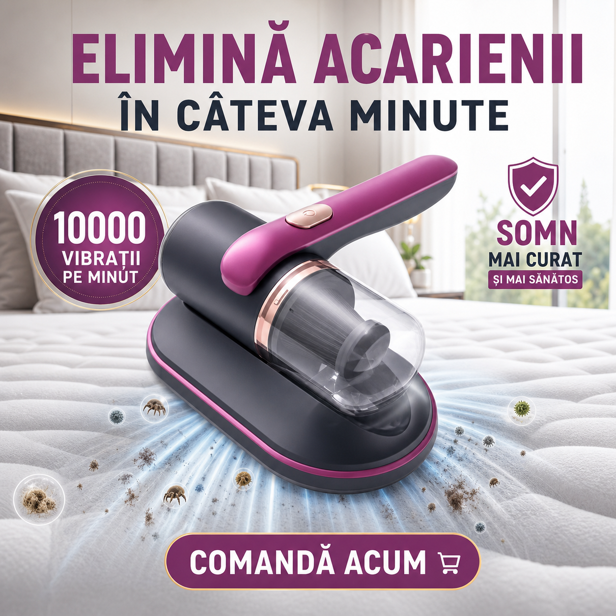 Aspirator antiacarieni pentru pat, putere 100W, UV, portabil