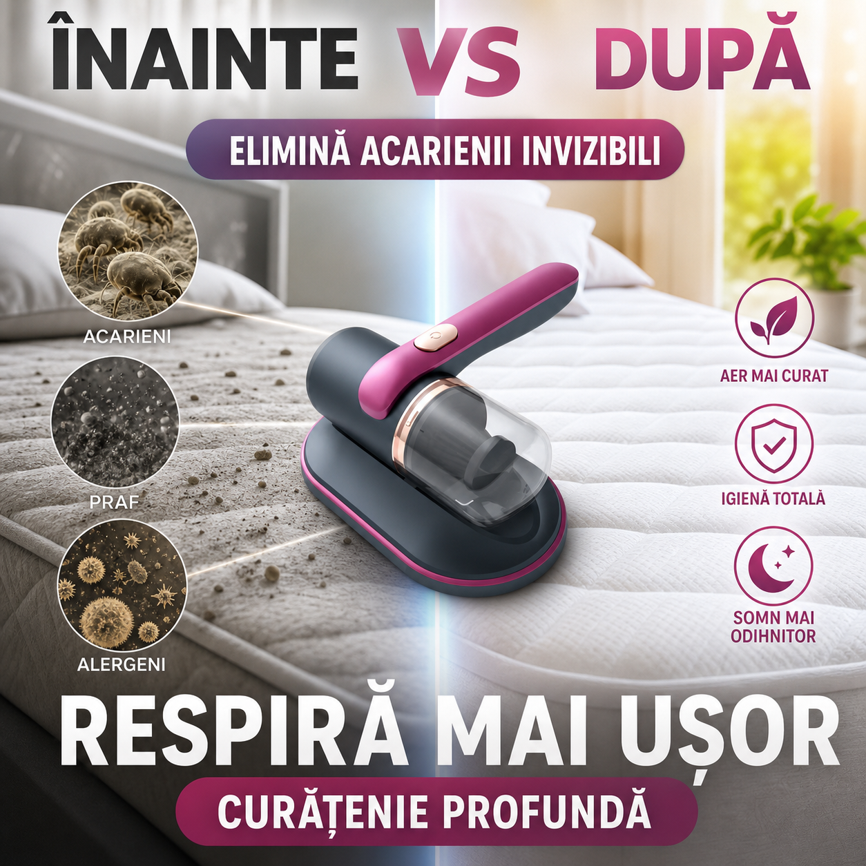 Aspirator antiacarieni pentru pat, putere 100W, UV, portabil