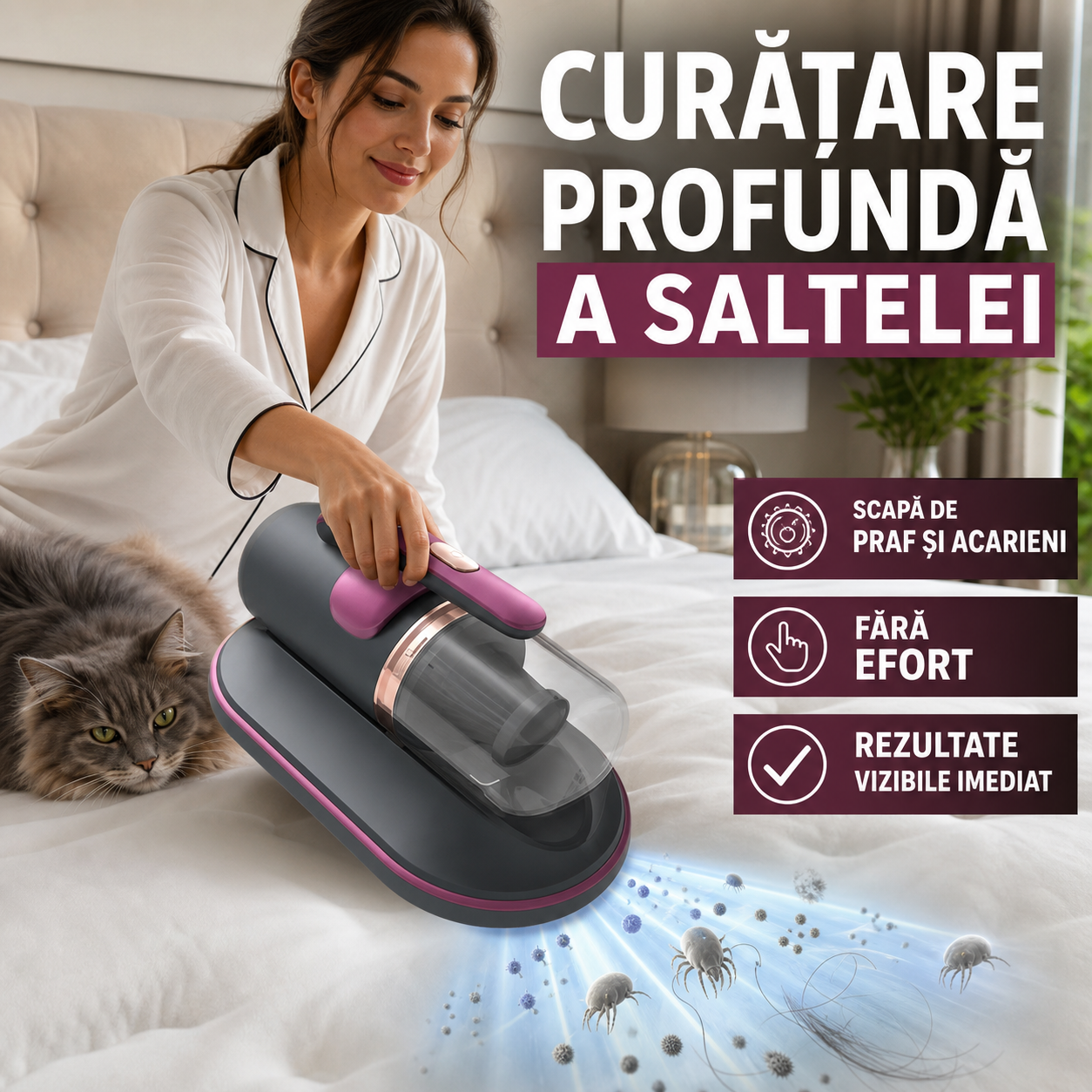 Aspirator antiacarieni pentru pat, putere 100W, UV, portabil
