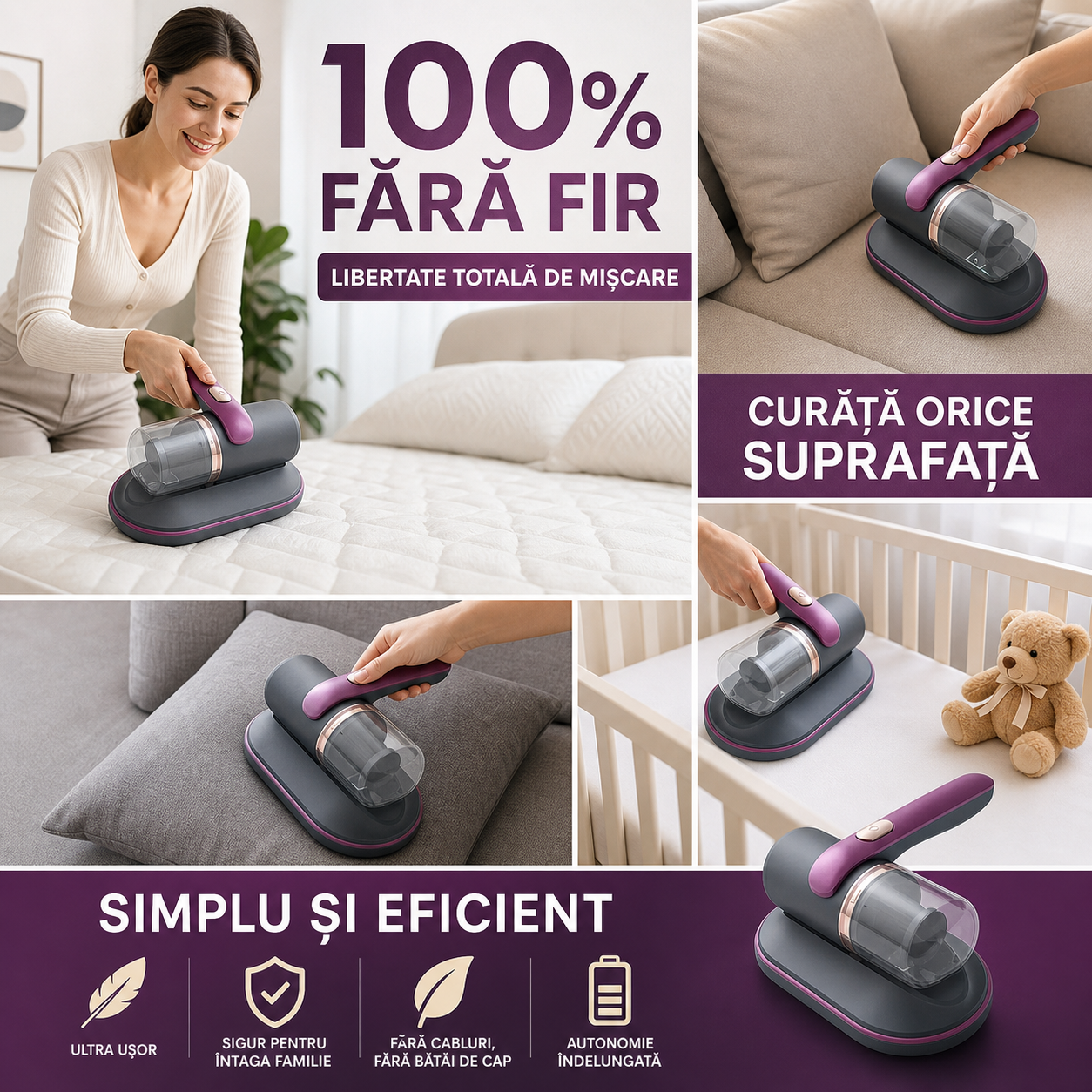 Aspirator antiacarieni pentru pat, putere 100W, UV, portabil