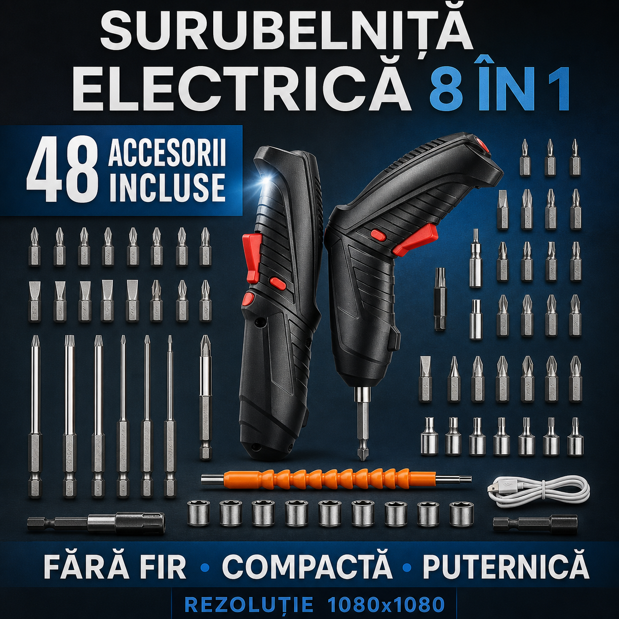 Șurubelniță electrică wireless – 50W, 48 accesorii, LED, acumulator Li-ion 1300 mAh