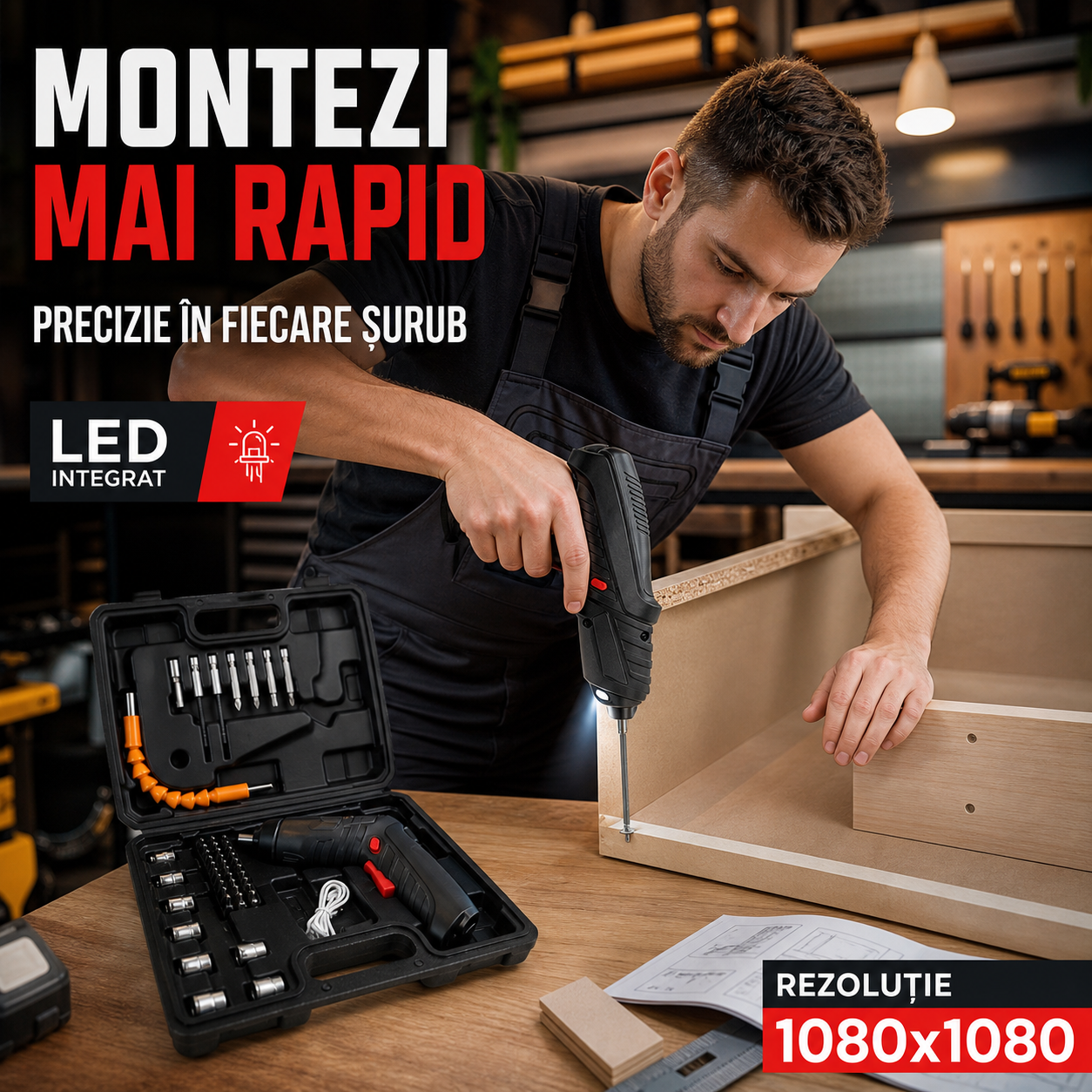 Șurubelniță electrică wireless – 50W, 48 accesorii, LED, acumulator Li-ion 1300 mAh