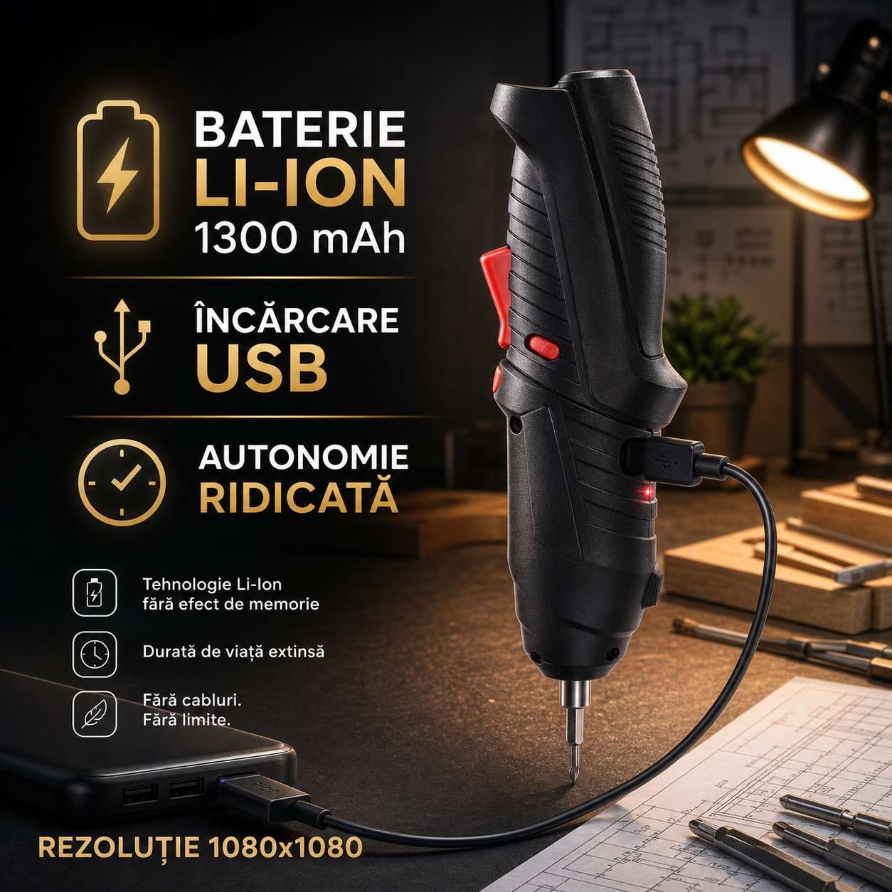 Șurubelniță electrică wireless – 50W, 48 accesorii, LED, acumulator Li-ion 1300 mAh