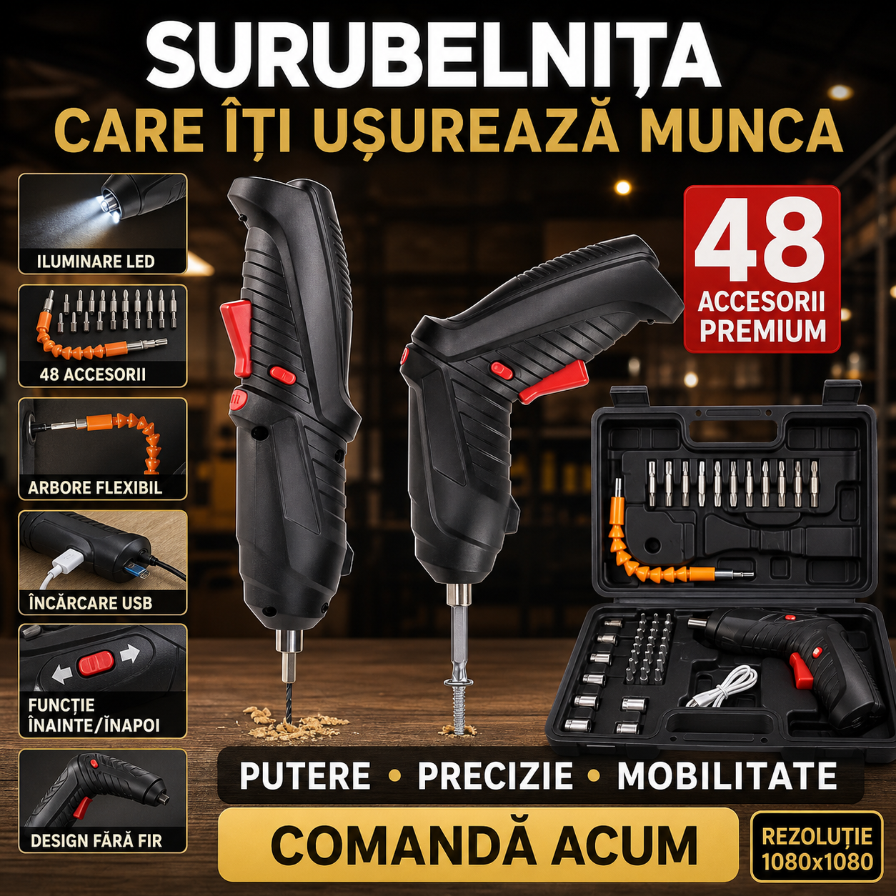 Șurubelniță electrică wireless – 50W, 48 accesorii, LED, acumulator Li-ion 1300 mAh