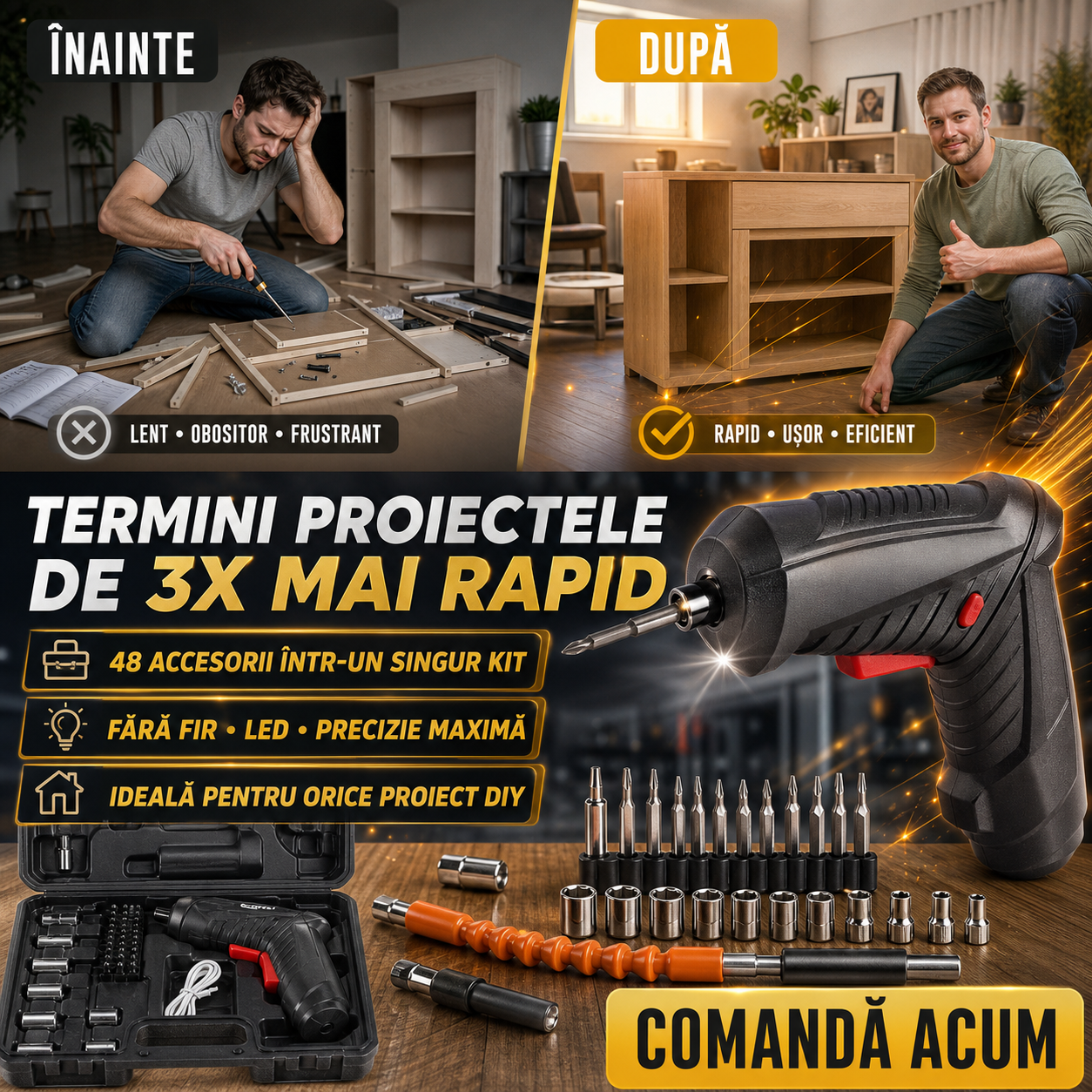 Șurubelniță electrică wireless – 50W, 48 accesorii, LED, acumulator Li-ion 1300 mAh