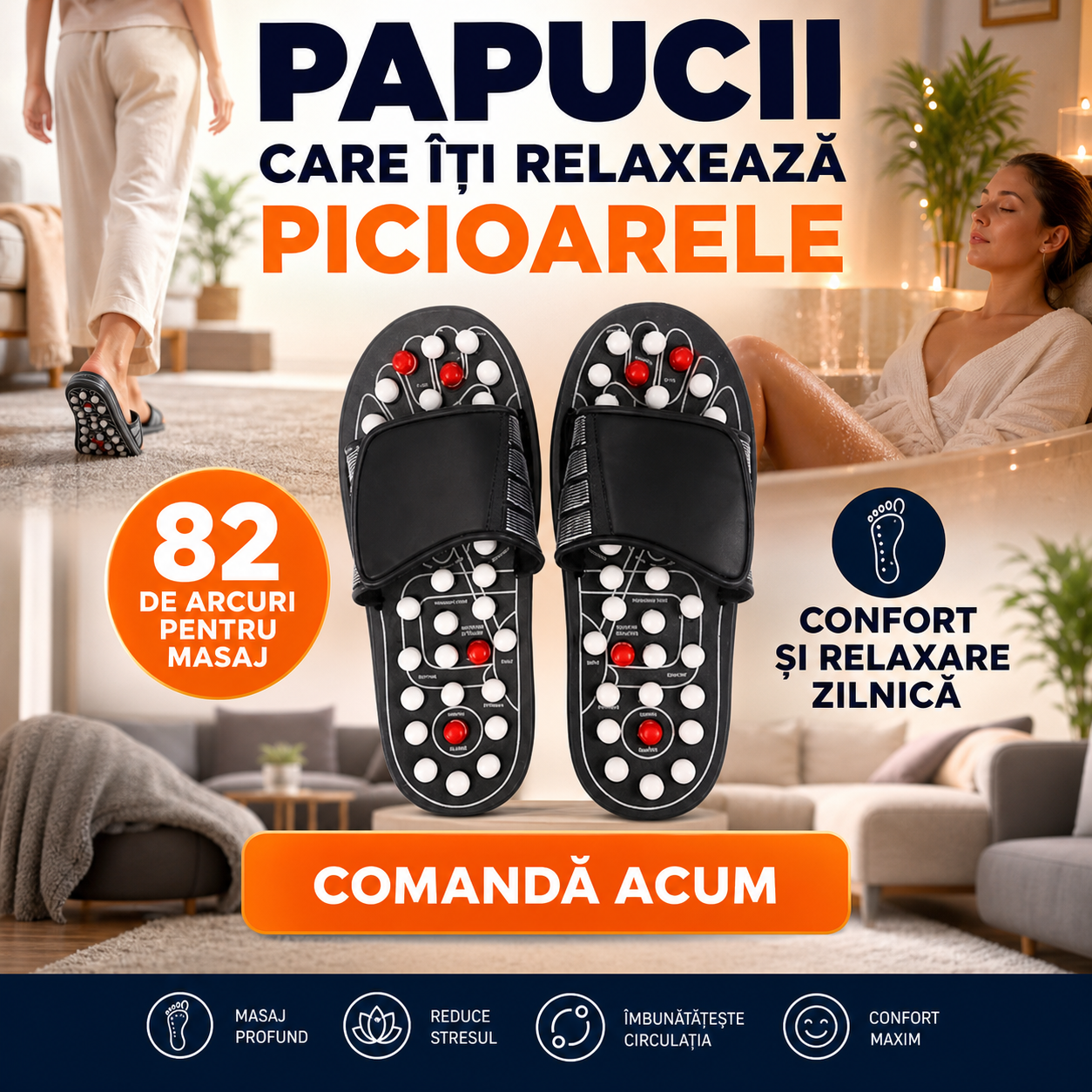 Papuci Reflexoterapie cu Talpă din Spumă pentru Bărbați – Mărimea 42-43