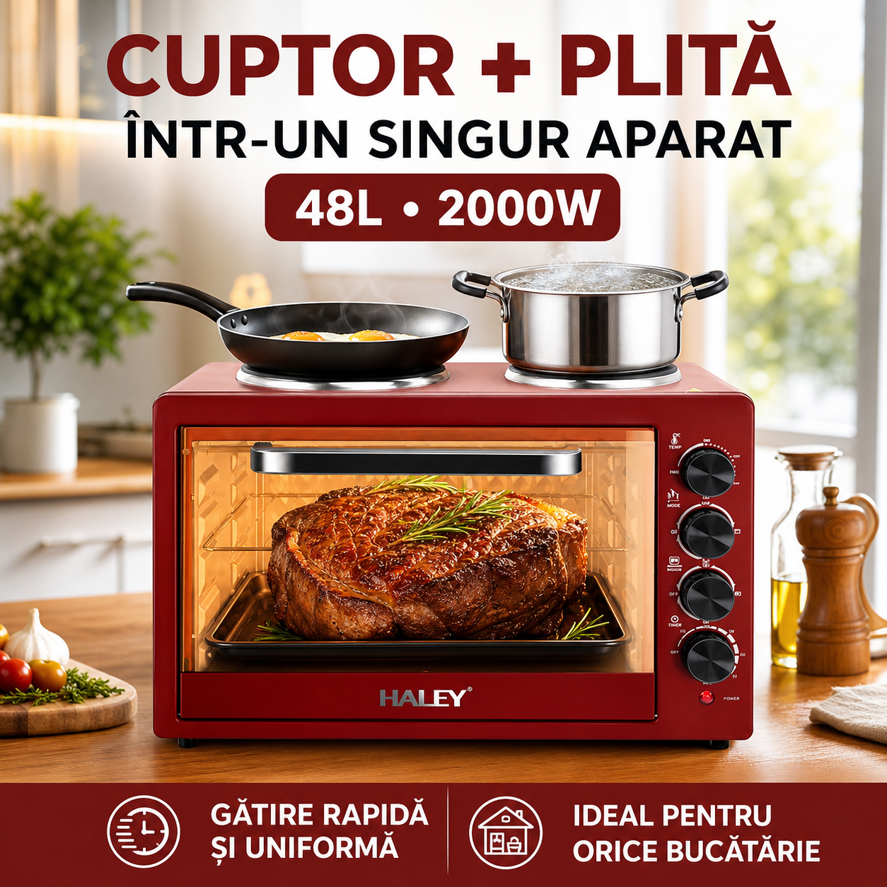 Cuptor Electric HALEY HY-5127, 48L, 2000W, cu Plita Dubla si Timer