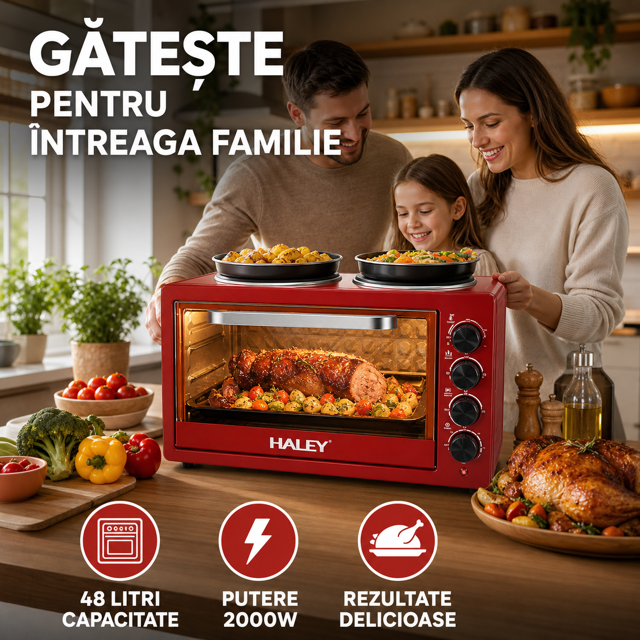 Cuptor Electric HALEY HY-5127, 48L, 2000W, cu Plita Dubla si Timer