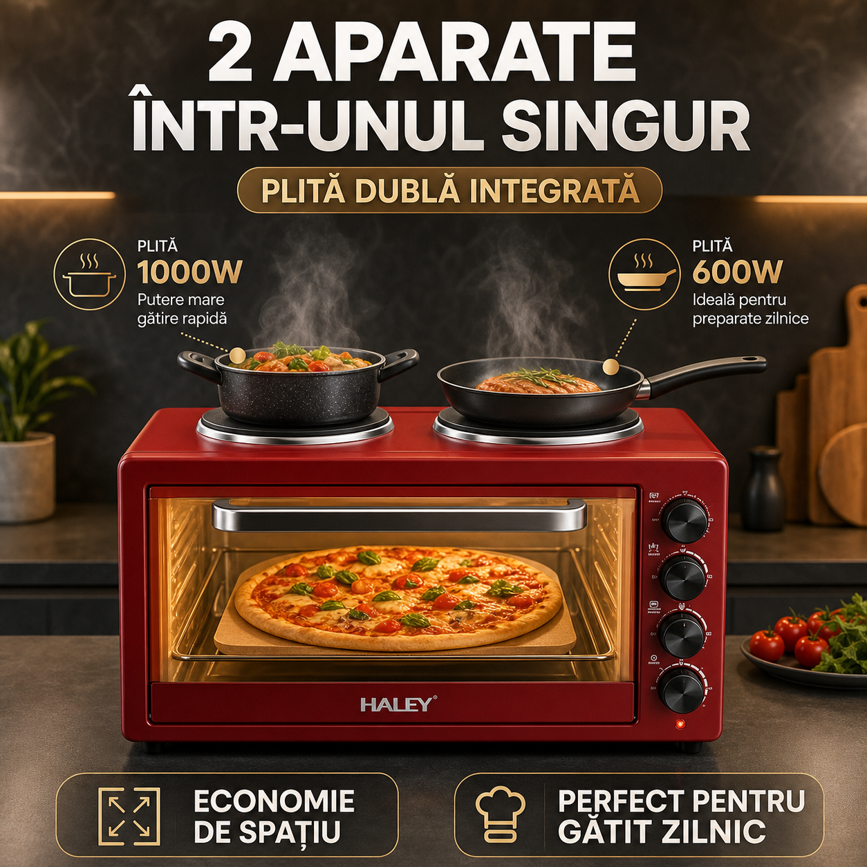 Cuptor Electric HALEY HY-5127, 48L, 2000W, cu Plita Dubla si Timer