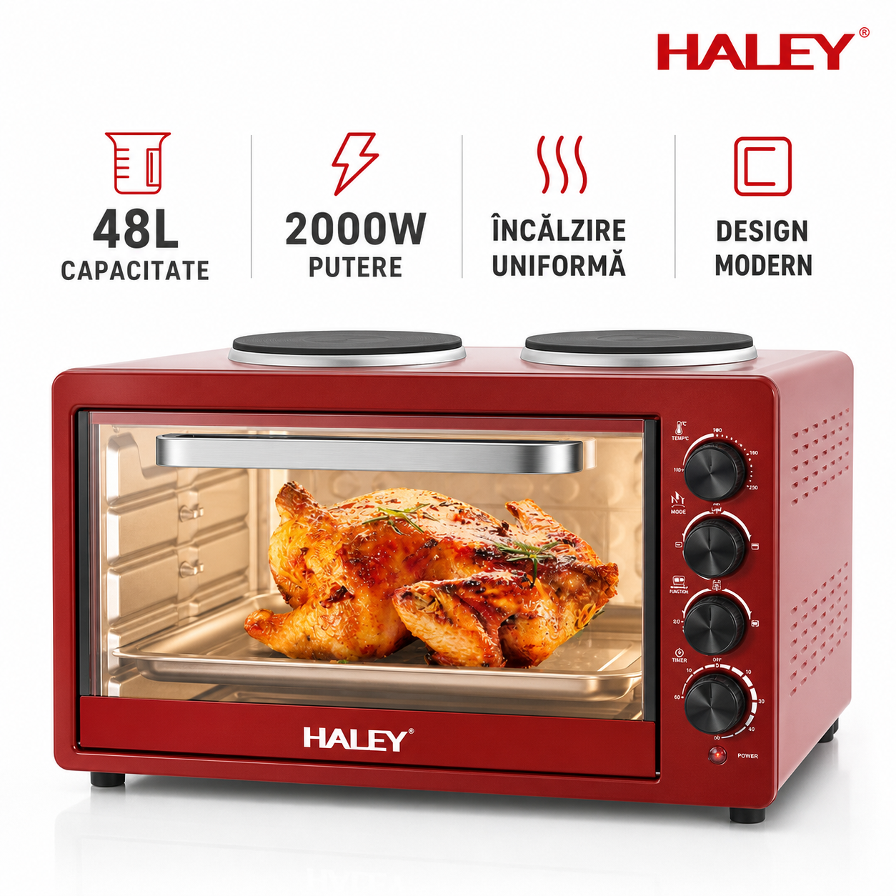 Cuptor Electric HALEY HY-5127, 48L, 2000W, cu Plita Dubla si Timer