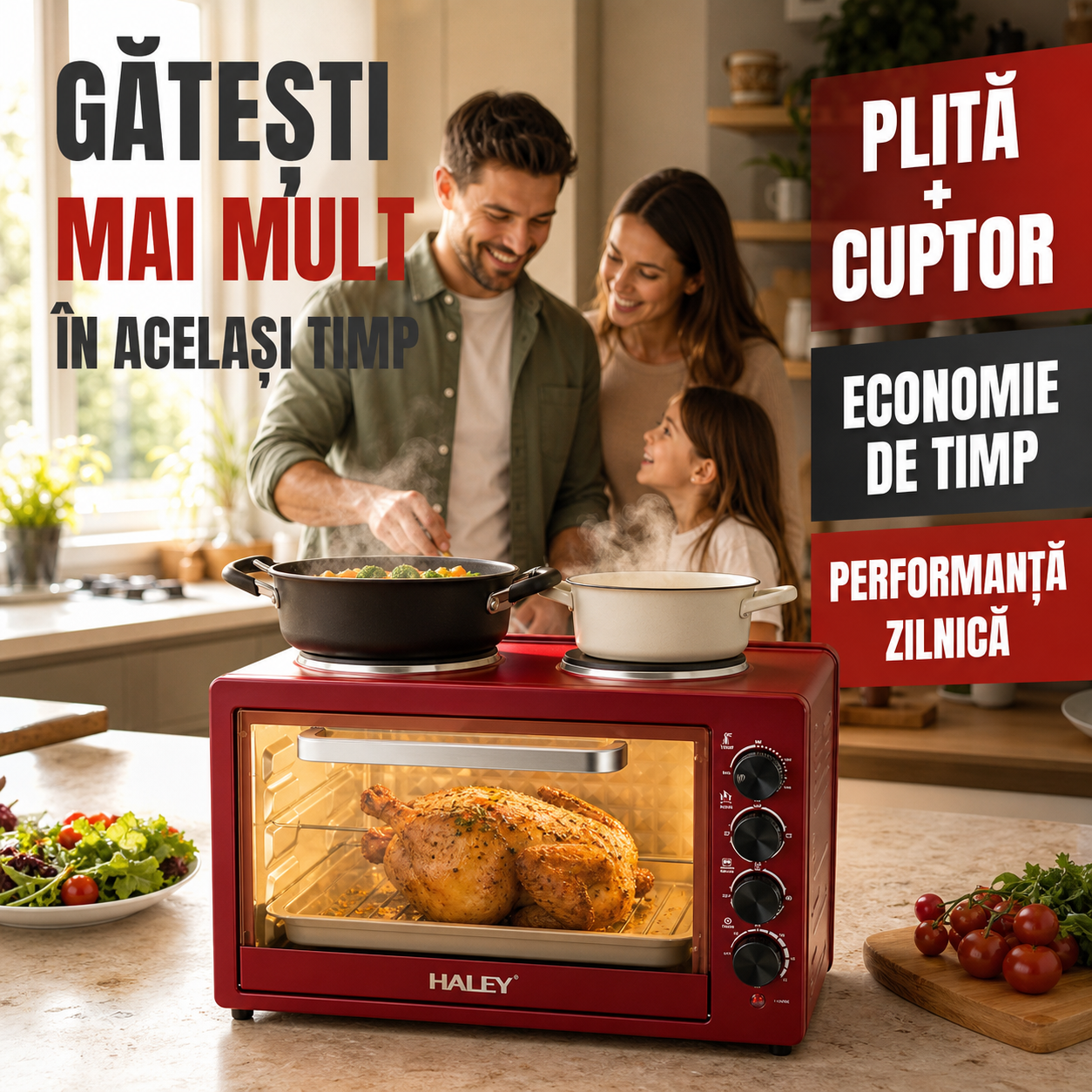 Cuptor Electric HALEY HY-5127, 48L, 2000W, cu Plita Dubla si Timer