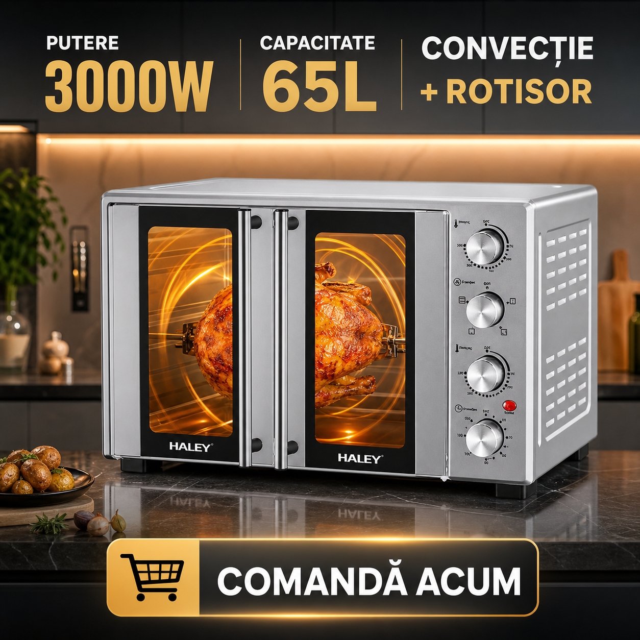 Cuptor Electric HALEY HY-513I, 65L, 3000W, cu Convecție și Rotisor