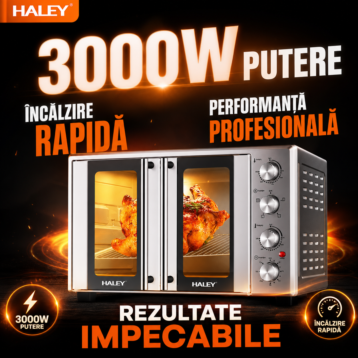 Cuptor Electric HALEY HY-513I, 65L, 3000W, cu Convecție și Rotisor