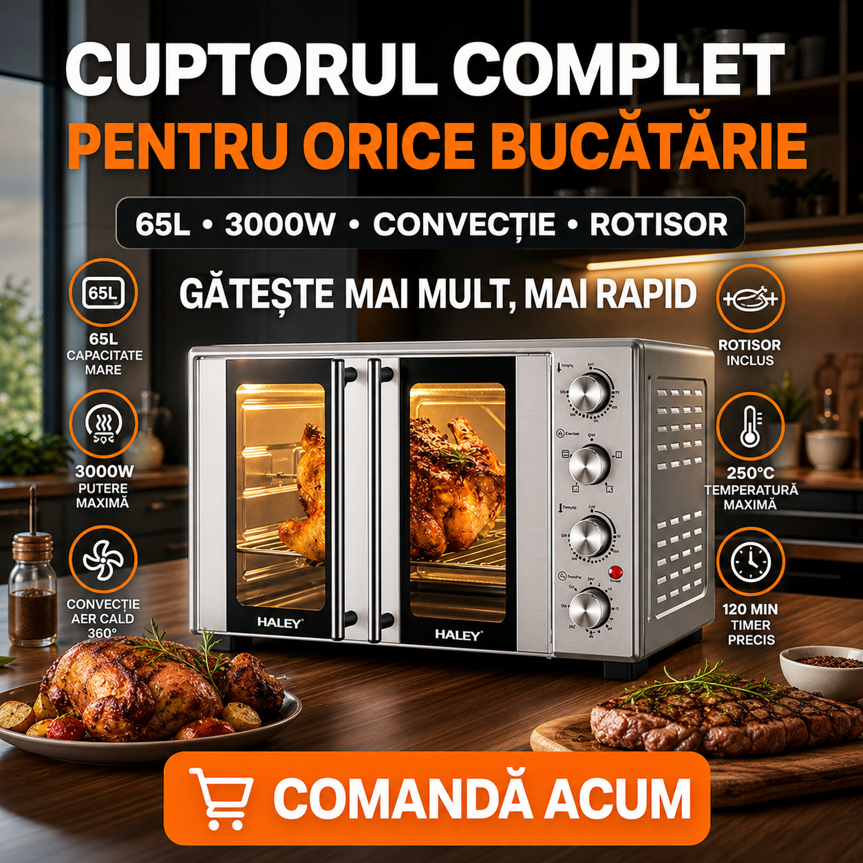 Cuptor Electric HALEY HY-513I, 65L, 3000W, cu Convecție și Rotisor