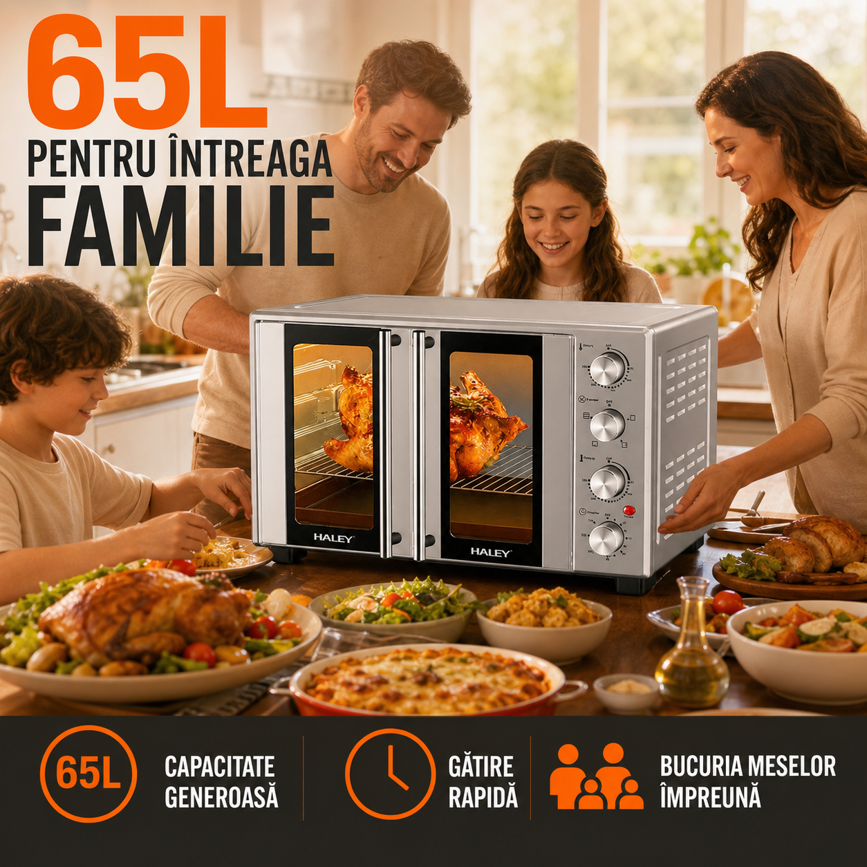 Cuptor Electric HALEY HY-513I, 65L, 3000W, cu Convecție și Rotisor