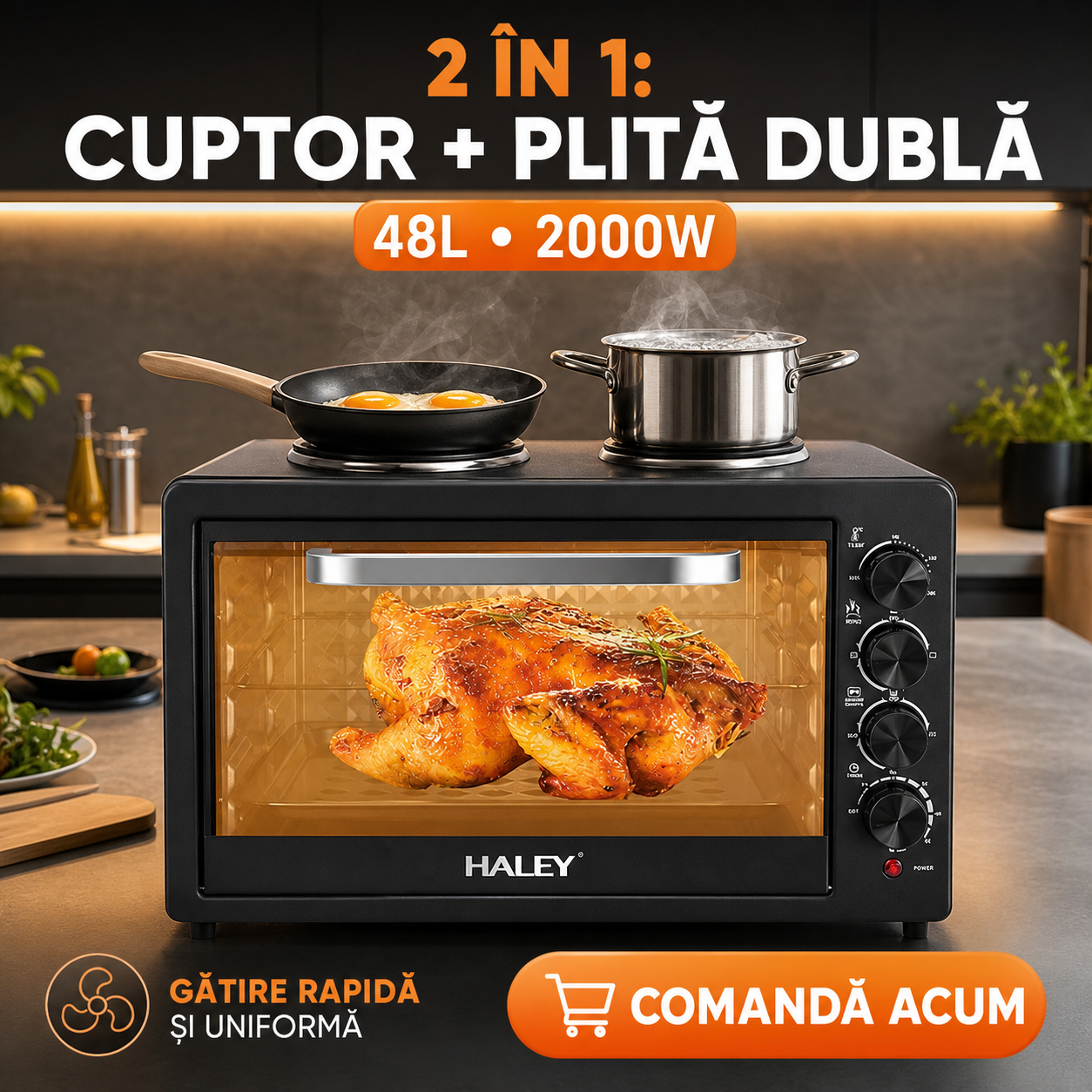 Cuptor Electric HALEY HY-5126, 48L, 2000W, cu Plită Dublă, Negru