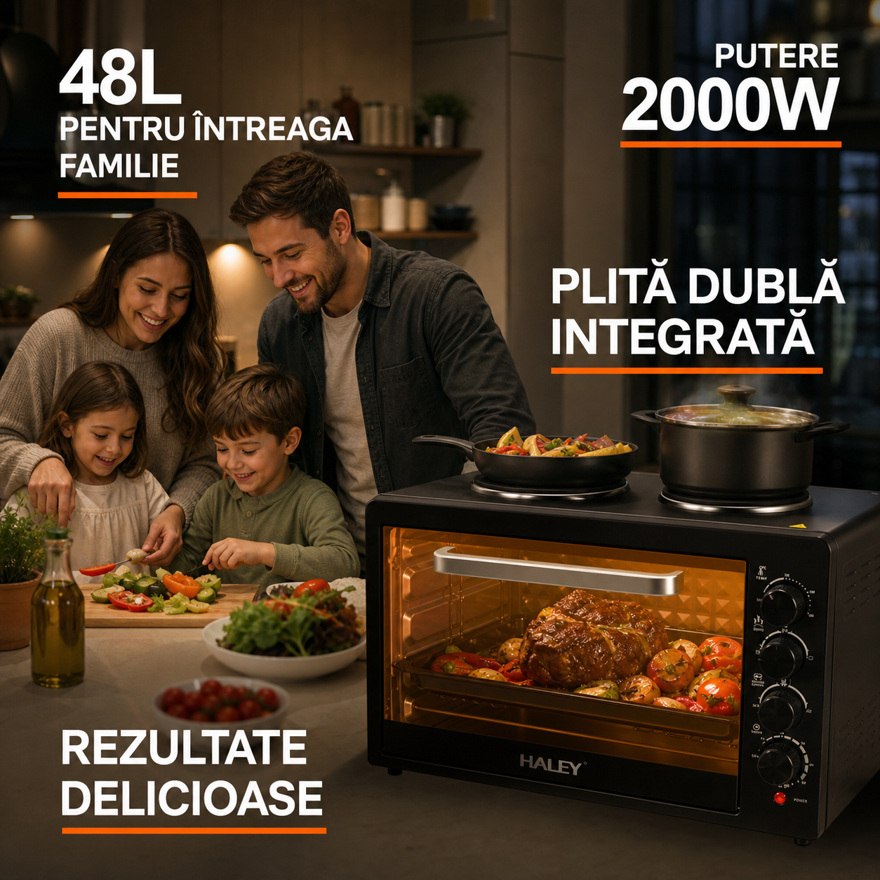 Cuptor Electric HALEY HY-5126, 48L, 2000W, cu Plită Dublă, Negru