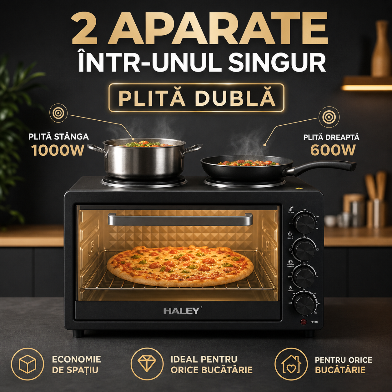 Cuptor Electric HALEY HY-5126, 48L, 2000W, cu Plită Dublă, Negru