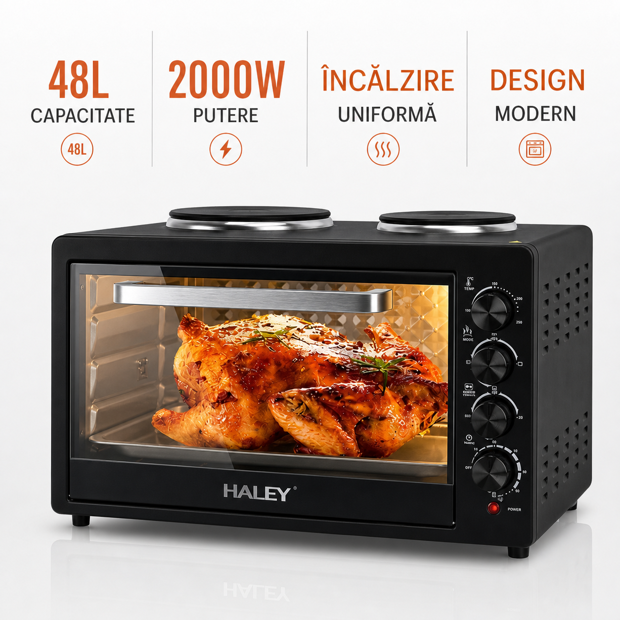 Cuptor Electric HALEY HY-5126, 48L, 2000W, cu Plită Dublă, Negru