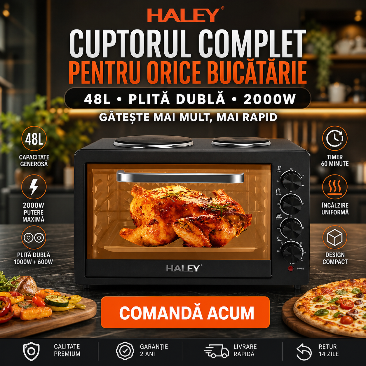 Cuptor Electric HALEY HY-5126, 48L, 2000W, cu Plită Dublă, Negru