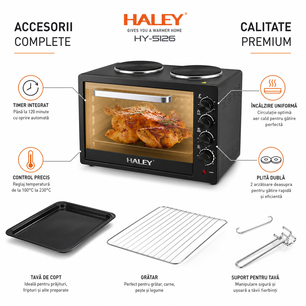 Cuptor Electric HALEY HY-5126, 48L, 2000W, cu Plită Dublă, Negru