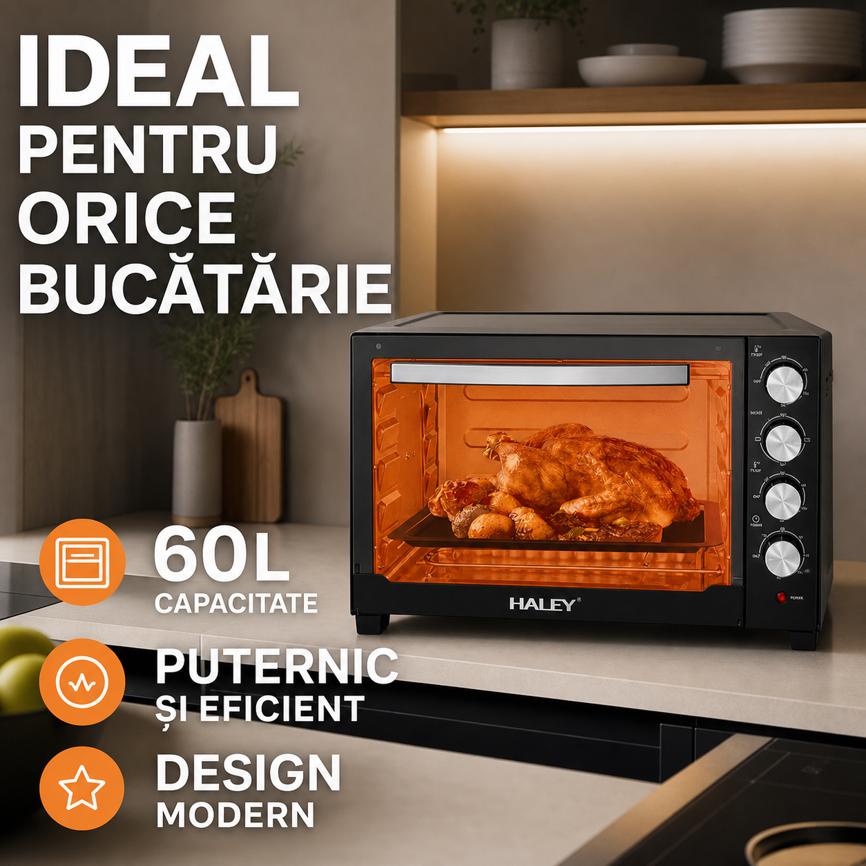 Cuptor Electric HALEY HY-5130, 60L, 2200W, Negru