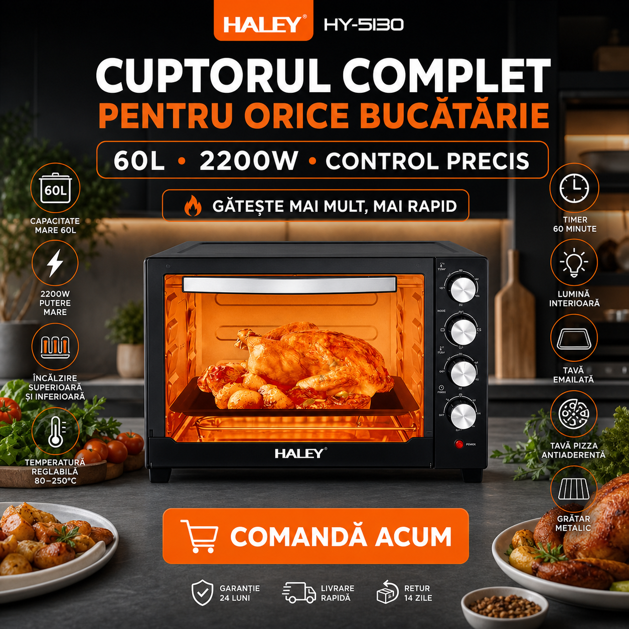 Cuptor Electric HALEY HY-5130, 60L, 2200W, Negru
