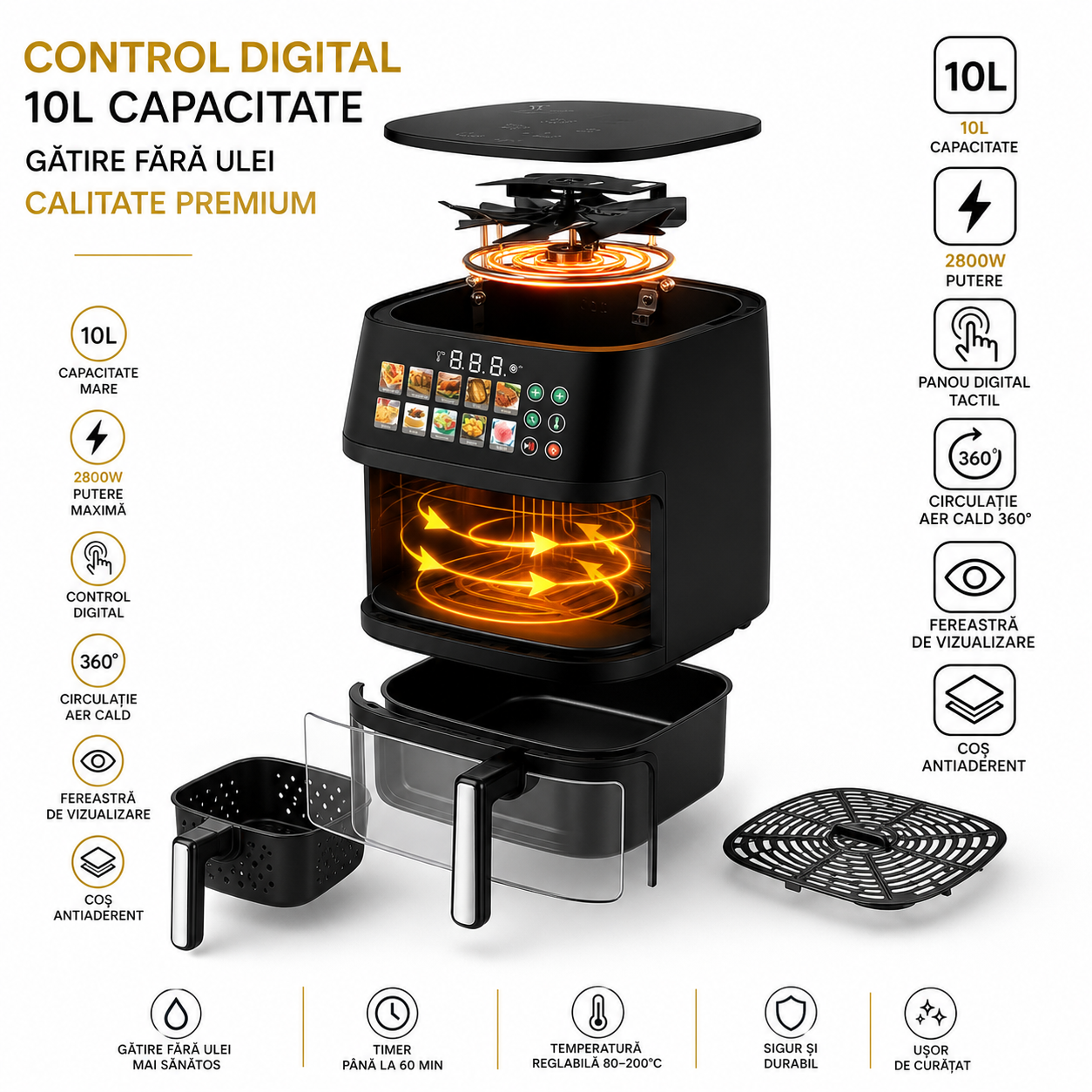 Friteuză cu Aer Cald AT Performance AT-2030, 10L, 2800W, Panou Digital