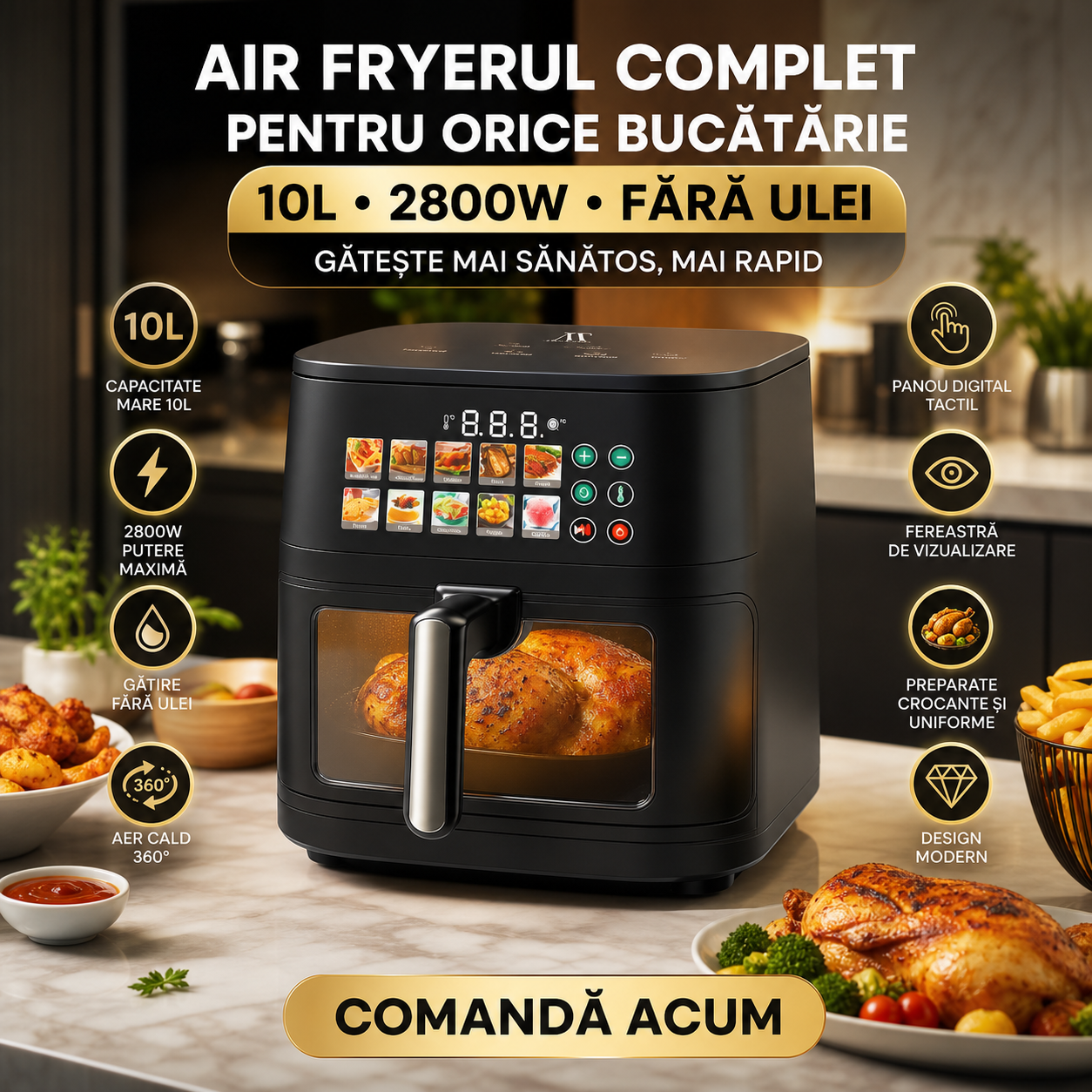 Friteuză cu Aer Cald AT Performance AT-2030, 10L, 2800W, Panou Digital