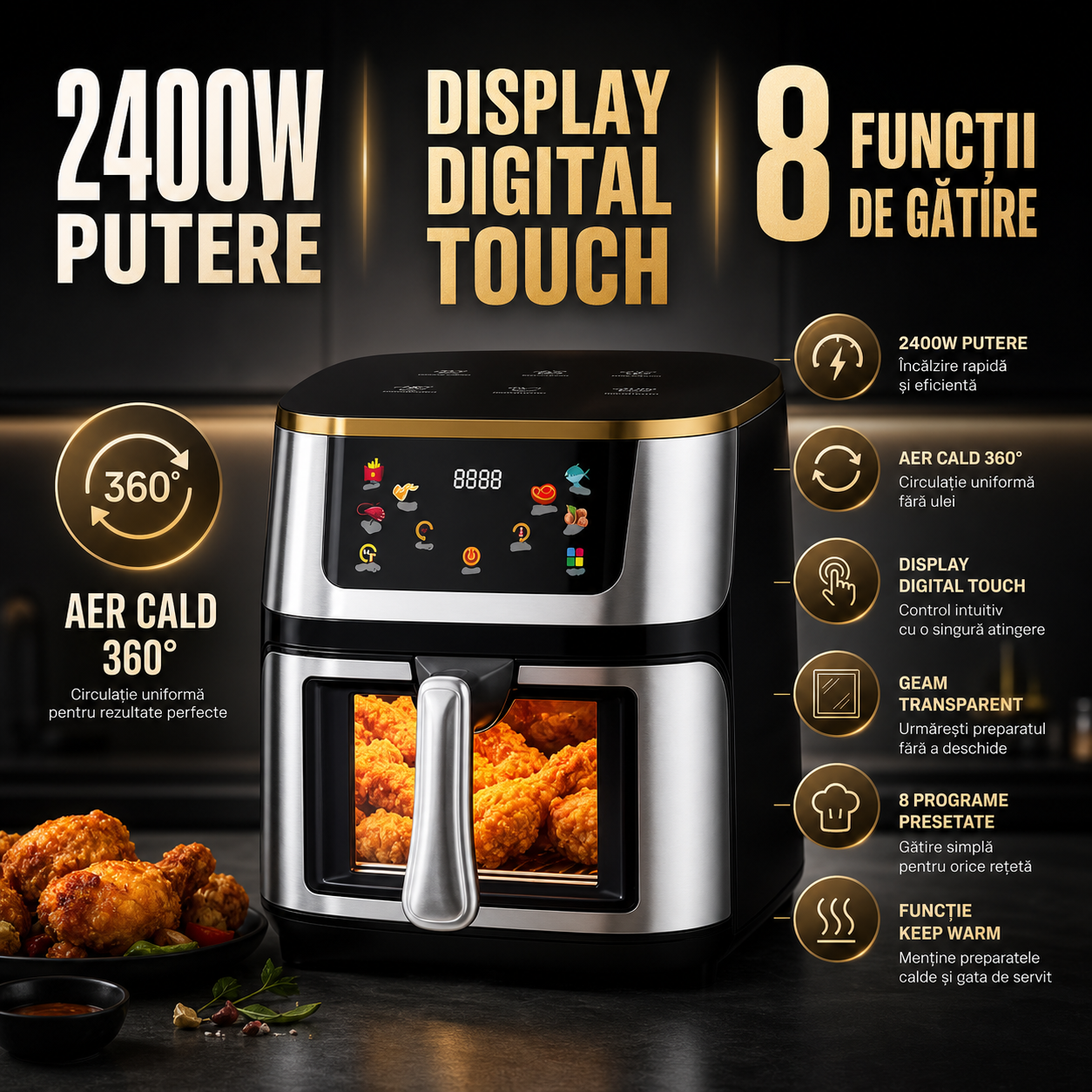 Friteuză cu Aer Cald 10L, 2400W, Display Digital Touch, Geam Transparent, Negru